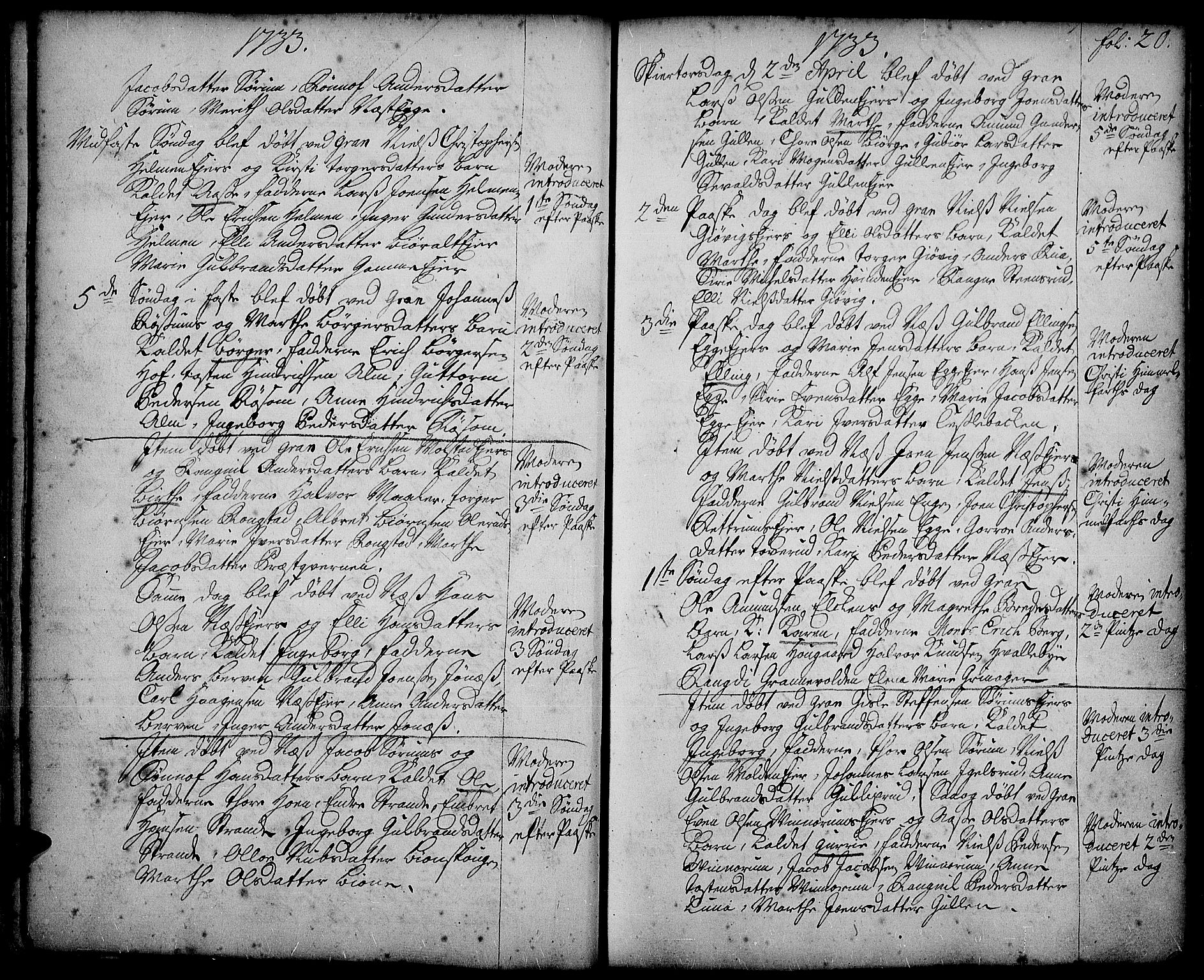 Gran prestekontor, AV/SAH-PREST-112/H/Ha/Haa/L0002: Ministerialbok nr. 2, 1732-1744, s. 20