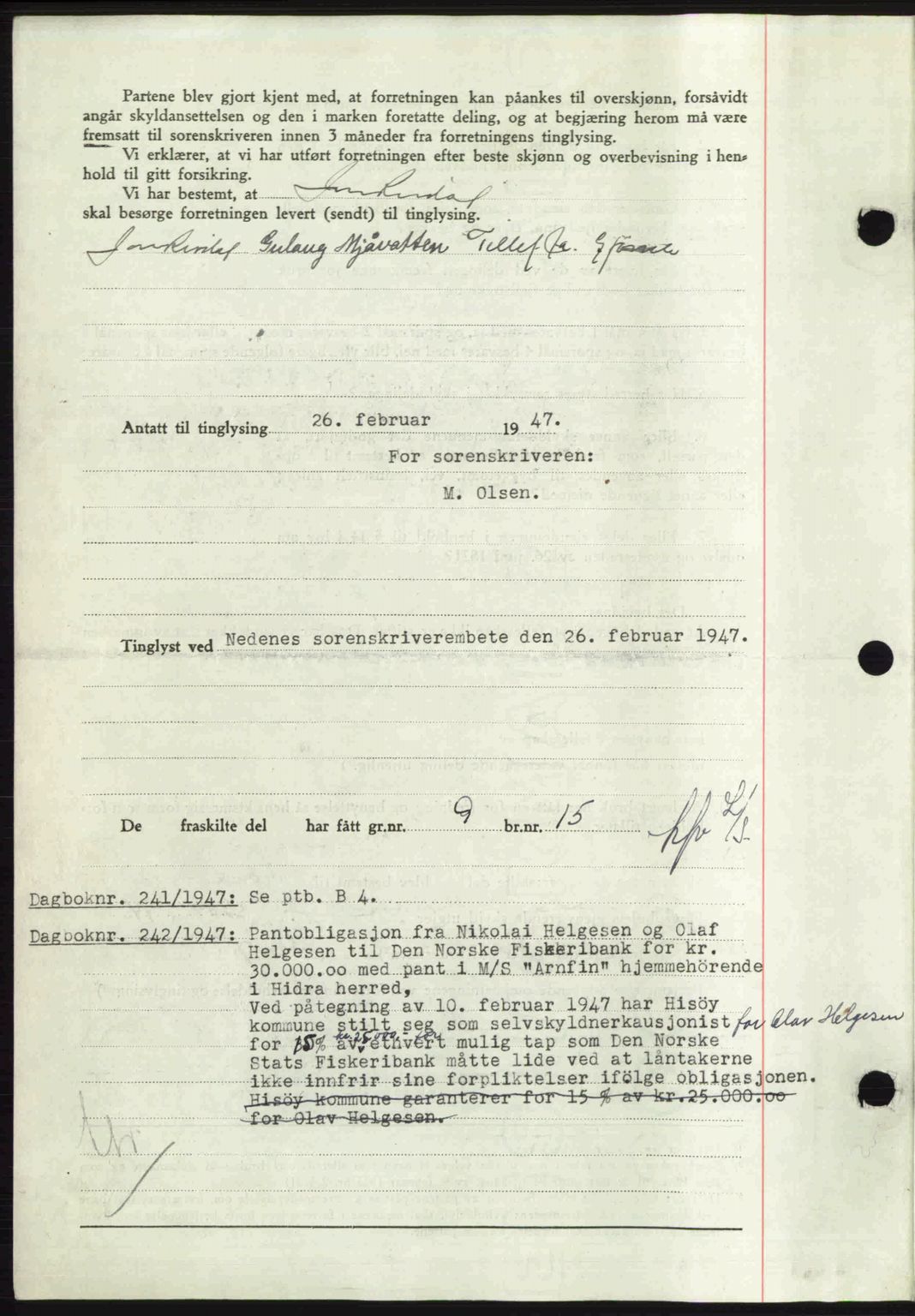 Nedenes sorenskriveri, AV/SAK-1221-0006/G/Gb/Gba/L0056: Pantebok nr. A8, 1946-1947, Dagboknr: 240/1947