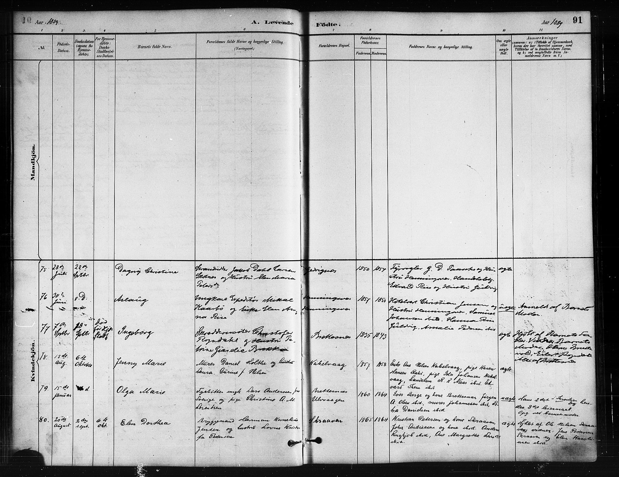 Ministerialprotokoller, klokkerbøker og fødselsregistre - Nordland, SAT/A-1459/874/L1059: Ministerialbok nr. 874A03, 1884-1890, s. 91