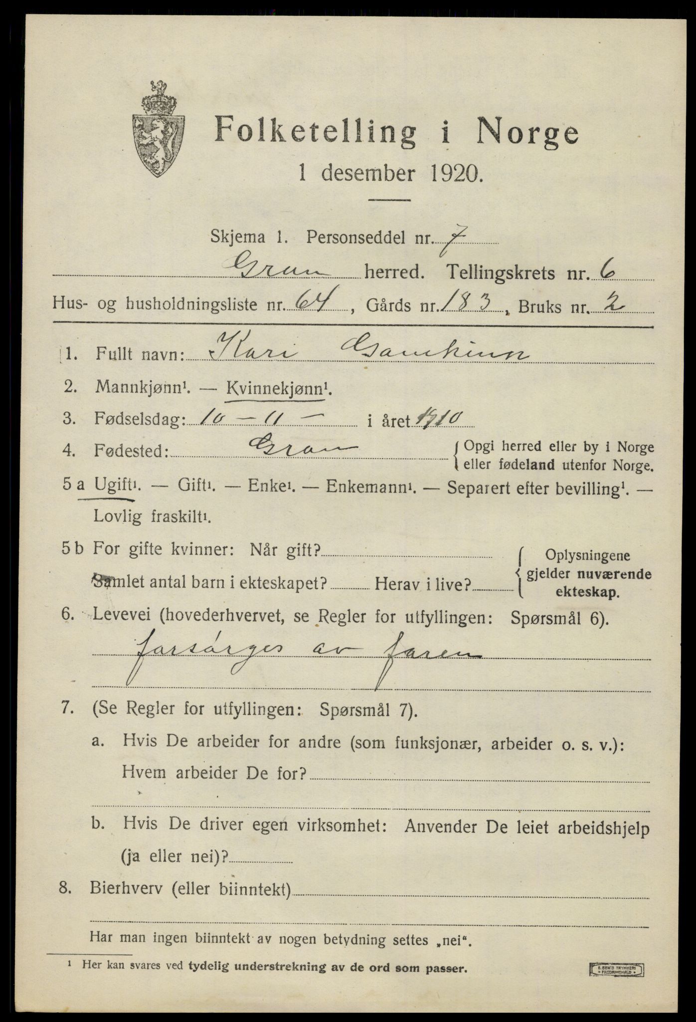 SAH, Folketelling 1920 for 0534 Gran herred, 1920, s. 9043