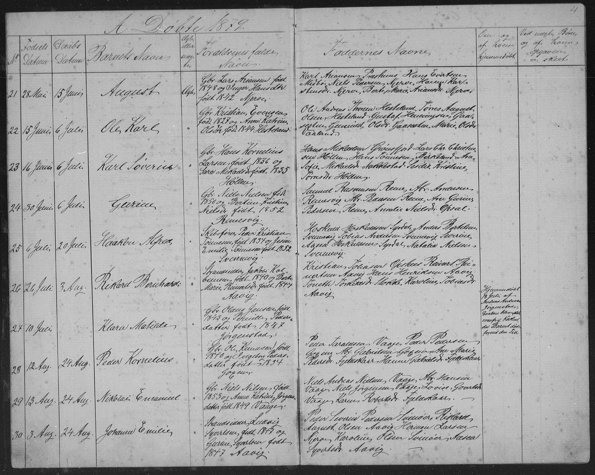 Sør-Audnedal sokneprestkontor, AV/SAK-1111-0039/F/Fb/Fba/L0003: Klokkerbok nr. B 3, 1879-1893, s. 4