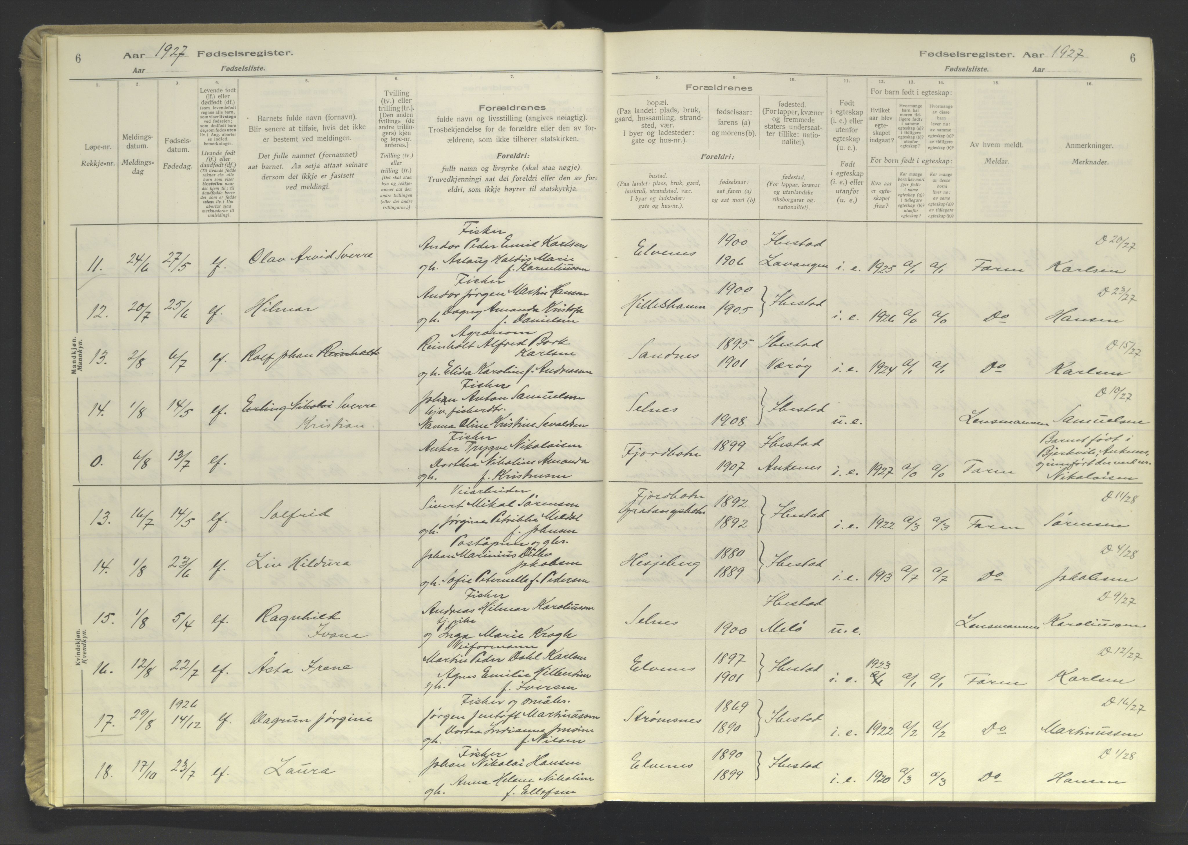 Ibestad sokneprestembete, AV/SATØ-S-0077/I/Ic/L0064: Fødselsregister nr. 64, 1926-1961, s. 6