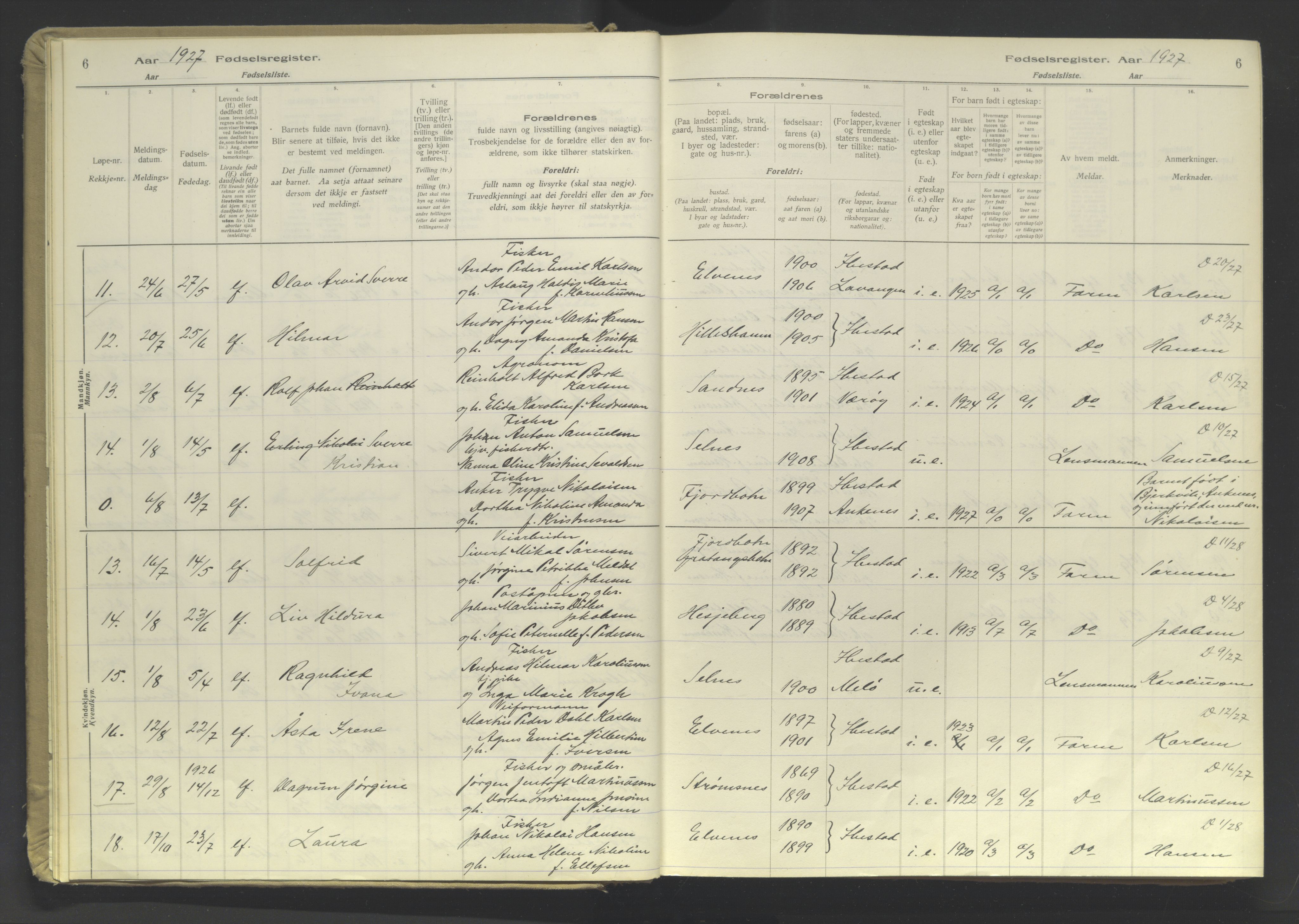 Ibestad sokneprestembete, SATØ/S-0077/I/Ic/L0064: Fødselsregister nr. 64, 1926-1961, s. 6