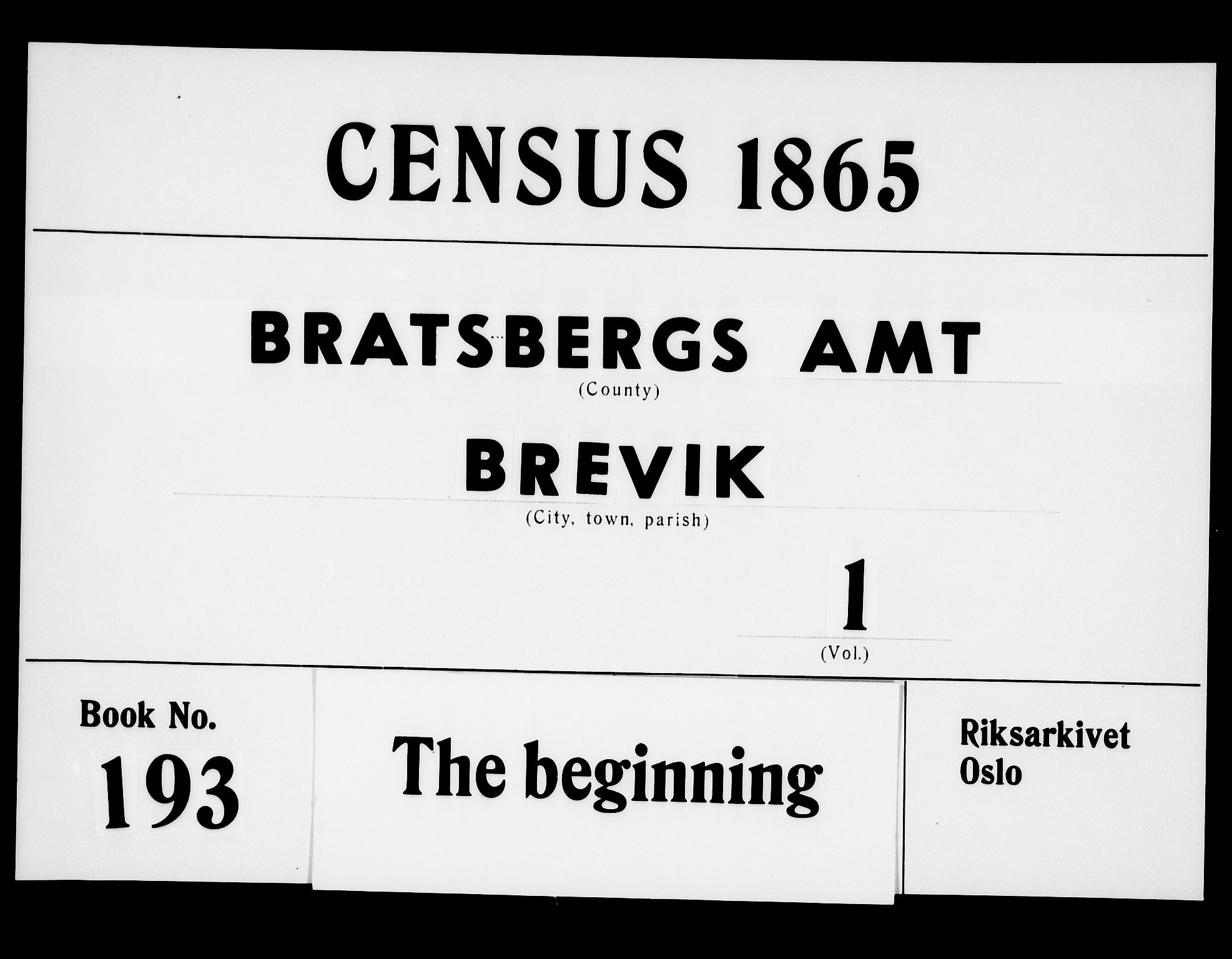 RA, Folketelling 1865 for 0804P Brevik prestegjeld, 1865, s. 1