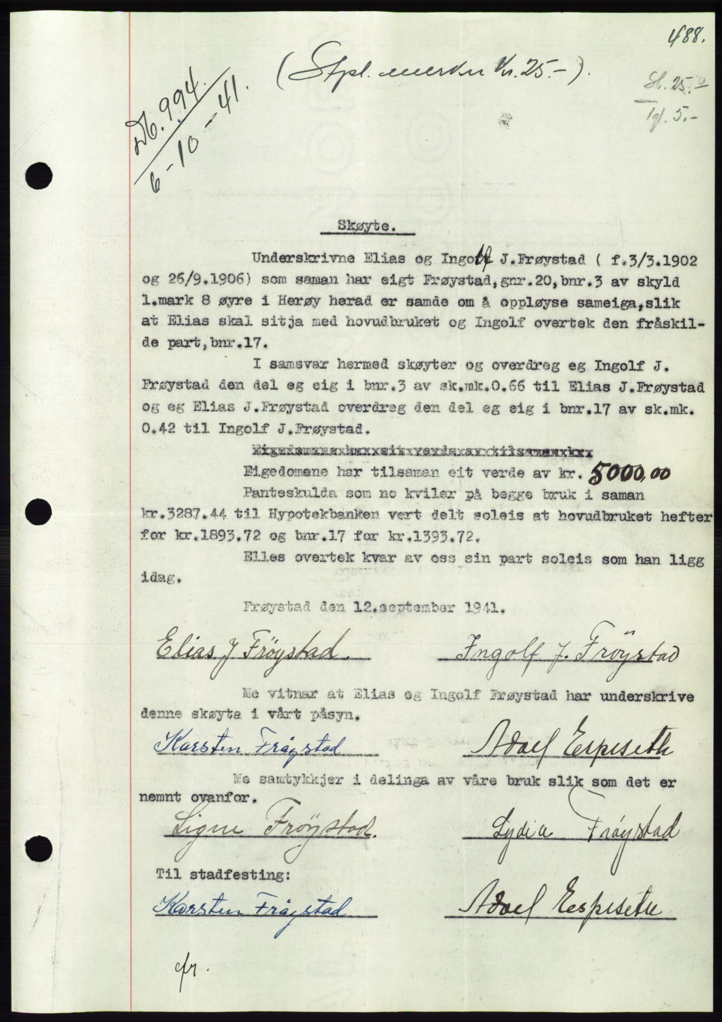 Søre Sunnmøre sorenskriveri, AV/SAT-A-4122/1/2/2C/L0071: Pantebok nr. 65, 1941-1941, Dagboknr: 994/1941