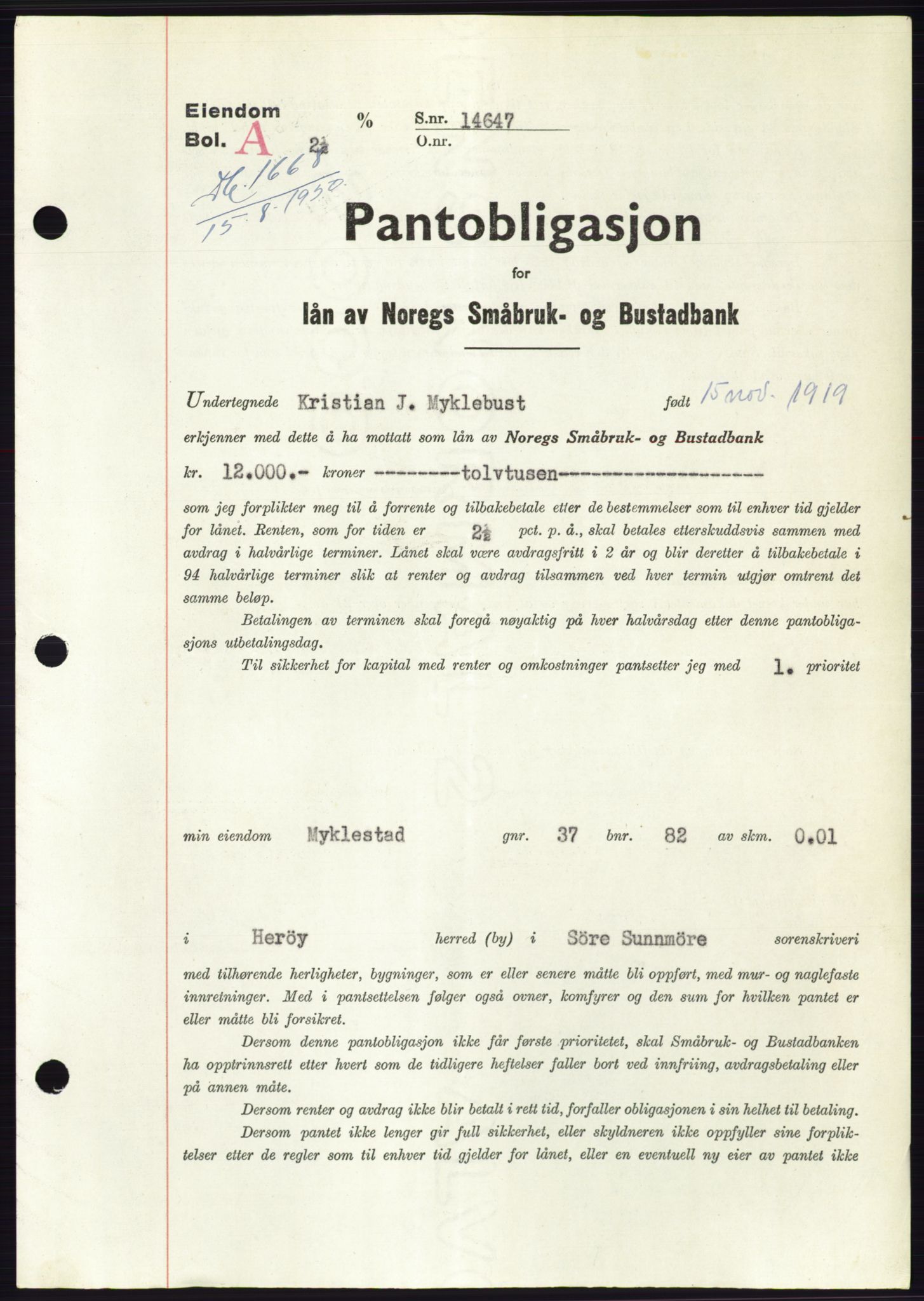 Søre Sunnmøre sorenskriveri, AV/SAT-A-4122/1/2/2C/L0119: Pantebok nr. 7B, 1950-1951, Dagboknr: 1668/1950