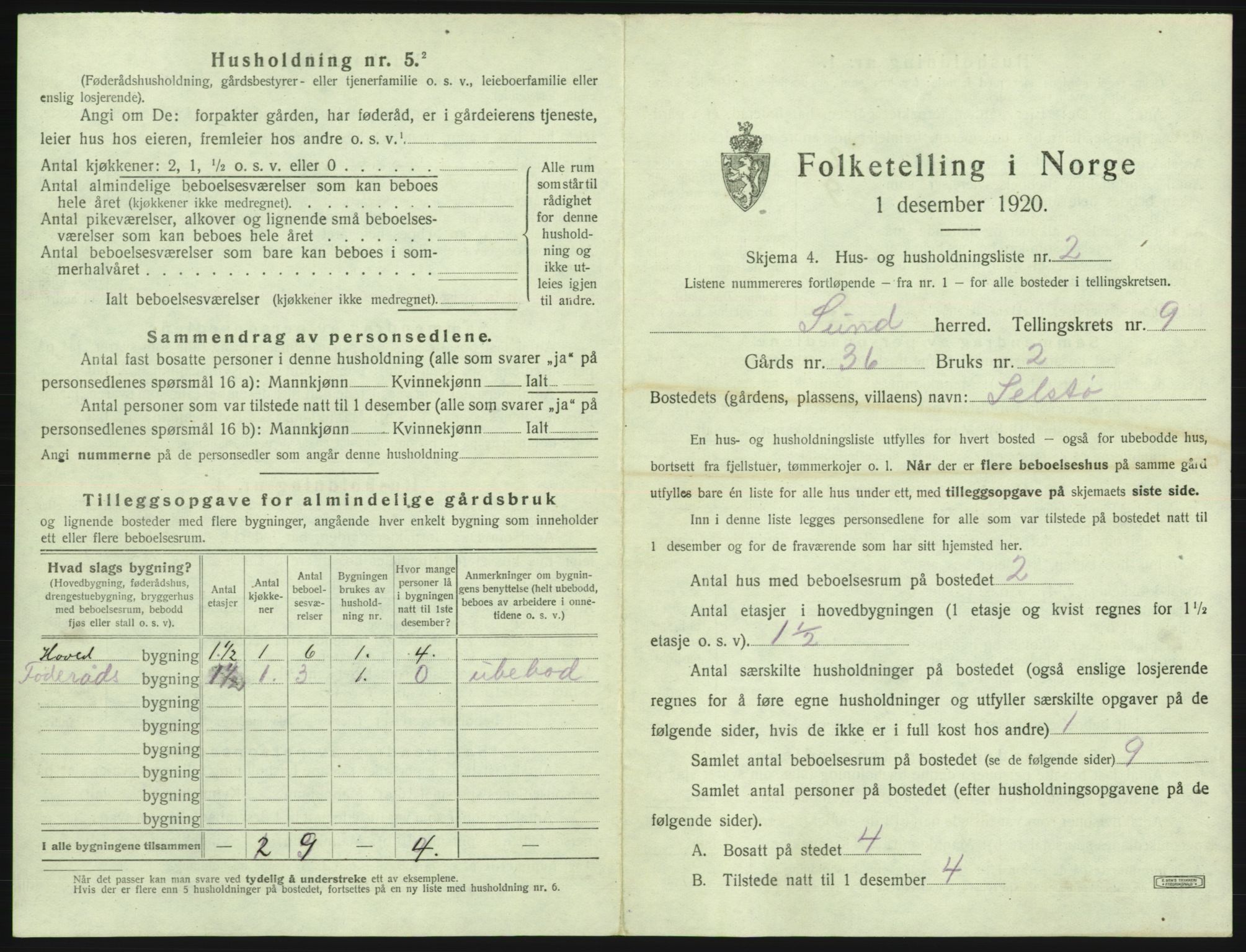 SAB, Folketelling 1920 for 1245 Sund herred, 1920, s. 726