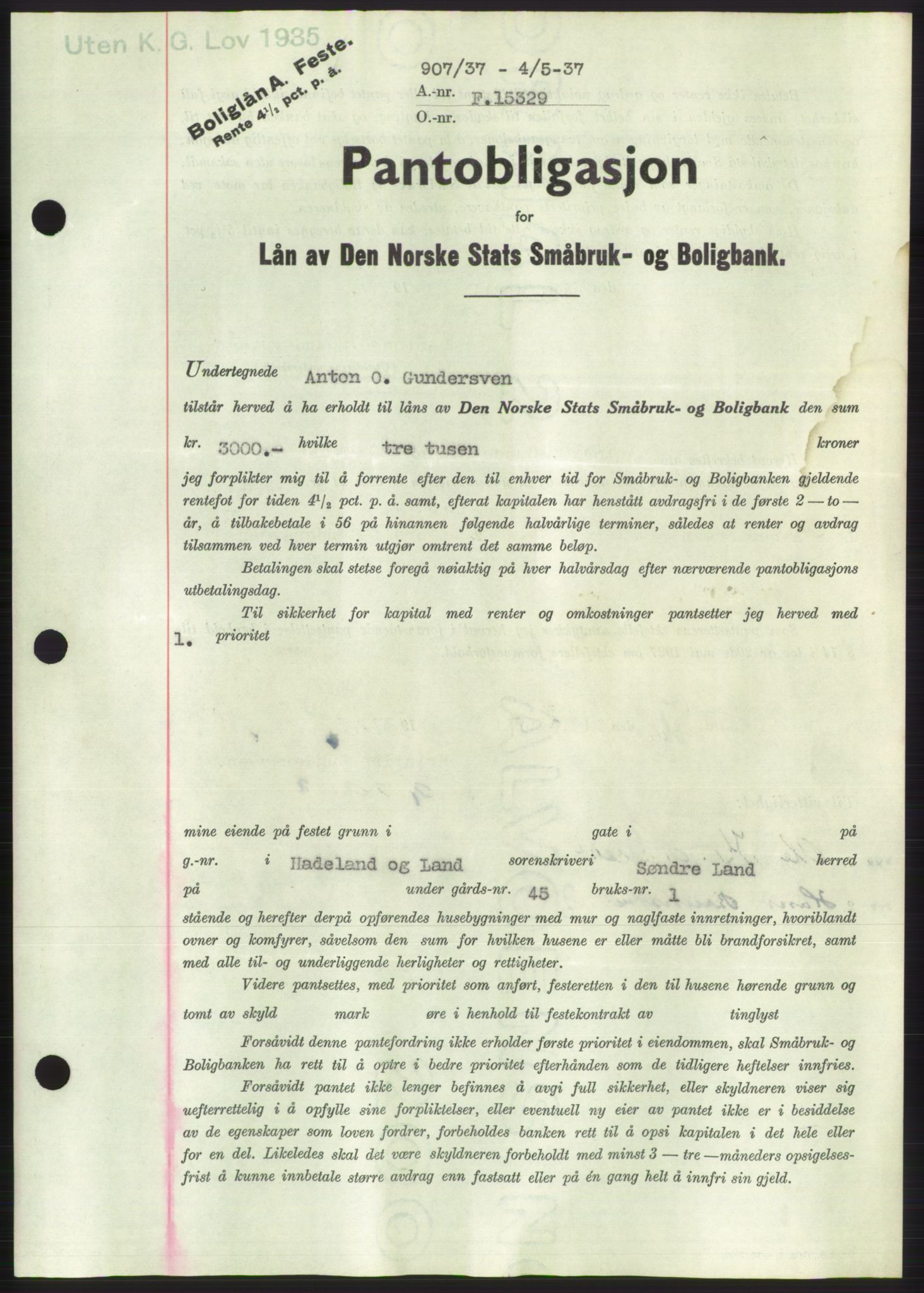 Hadeland og Land tingrett, SAH/TING-010/H/Hb/Hbc/L0002: Pantebok nr. B2, 1936-1937, Dagboknr: 907/1937