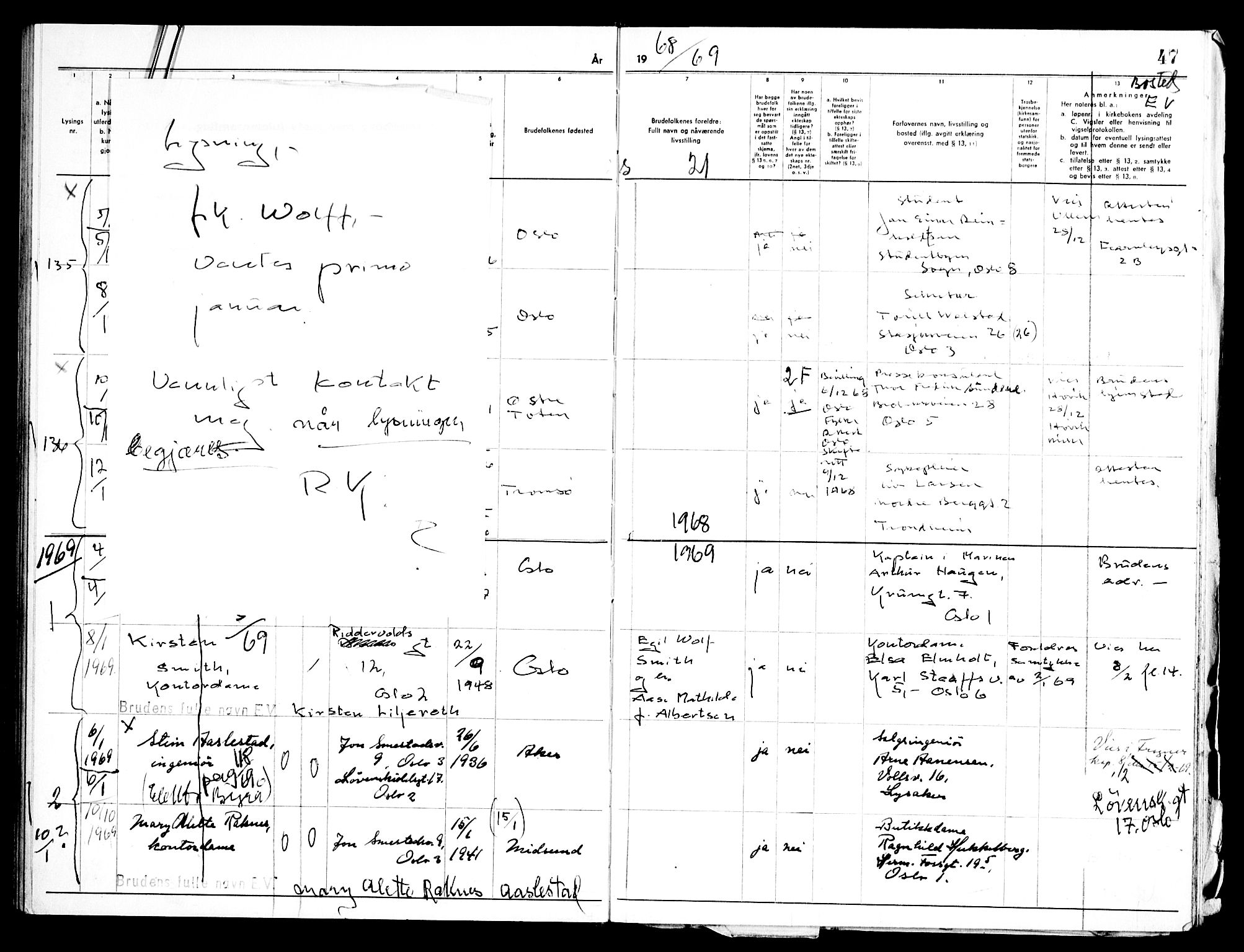 Uranienborg prestekontor Kirkebøker, AV/SAO-A-10877/H/Hb/L0005: Lysningsprotokoll nr. II 5, 1967-1969, s. 47