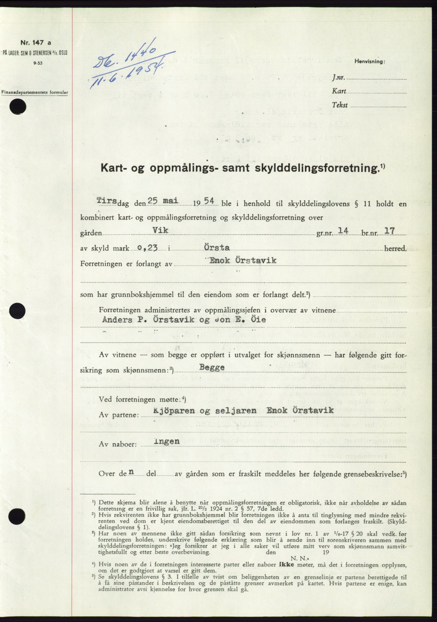 Søre Sunnmøre sorenskriveri, SAT/A-4122/1/2/2C/L0098: Pantebok nr. 24A, 1954-1954, Dagboknr: 1440/1954