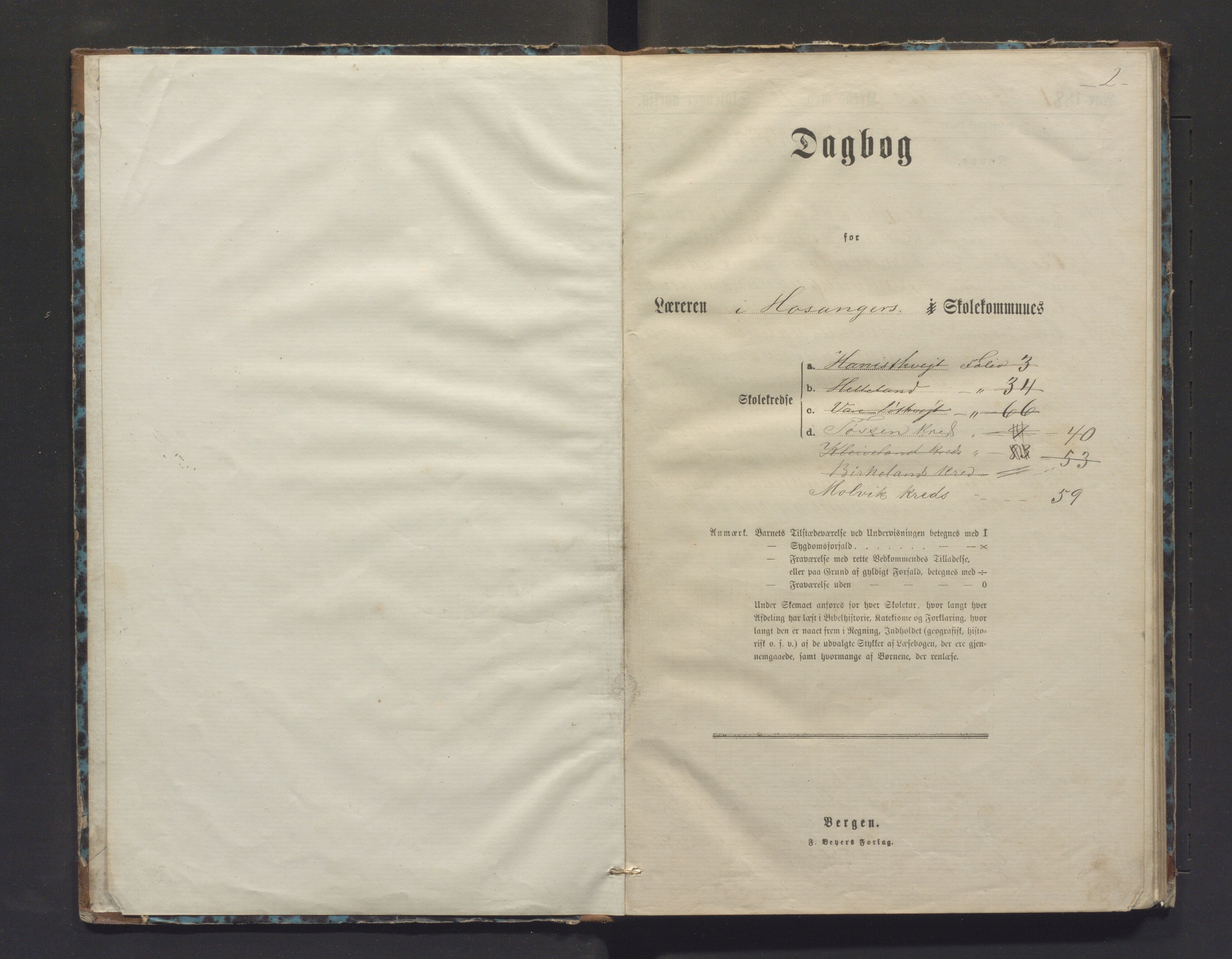 Hosanger kommune. Barneskulane, IKAH/1253a-231/G/Ga/L0012: Dagbok for læraren i Hosanger sokn, Herland krins m.fl., 1881-1893