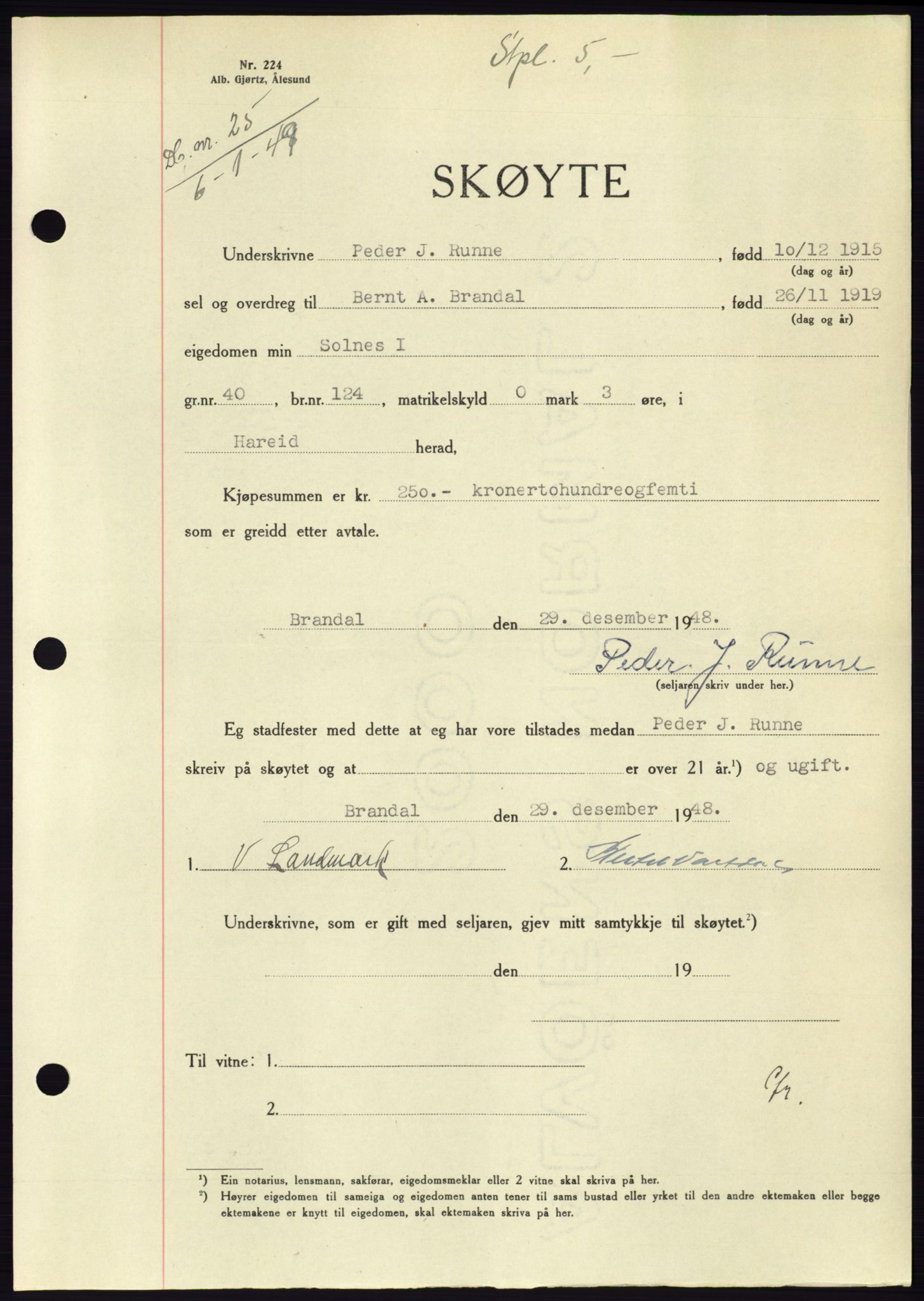 Søre Sunnmøre sorenskriveri, AV/SAT-A-4122/1/2/2C/L0083: Pantebok nr. 9A, 1948-1949, Dagboknr: 25/1949