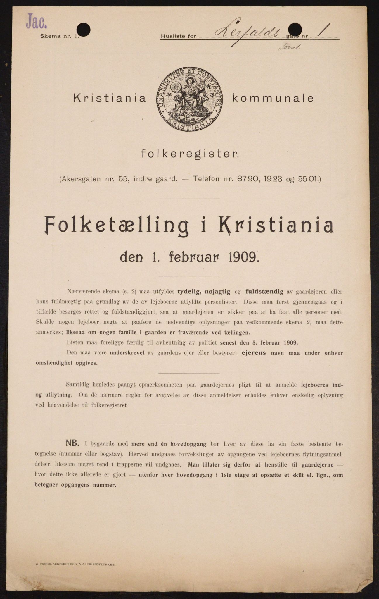 OBA, Kommunal folketelling 1.2.1909 for Kristiania kjøpstad, 1909, s. 52233