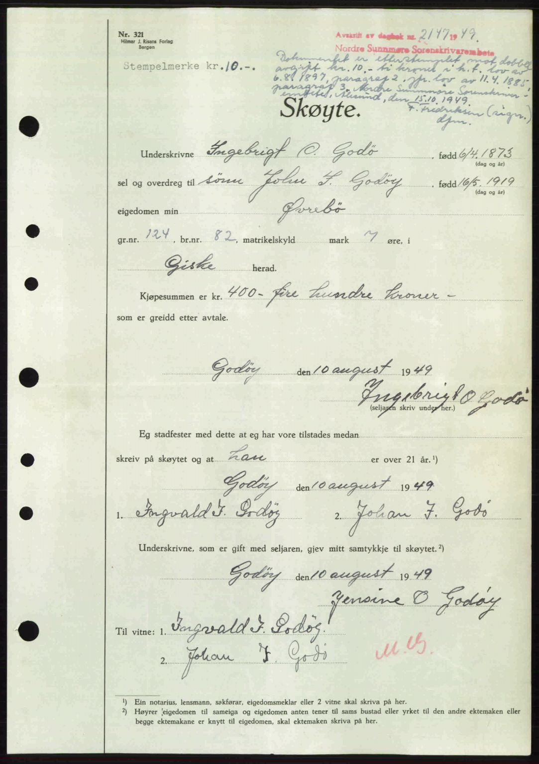 Nordre Sunnmøre sorenskriveri, AV/SAT-A-0006/1/2/2C/2Ca: Pantebok nr. A32, 1949-1949, Dagboknr: 2147/1949