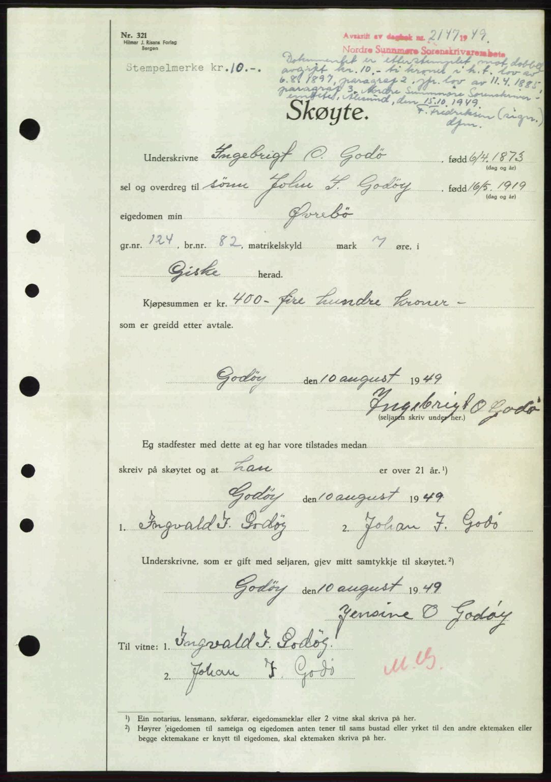 Nordre Sunnmøre sorenskriveri, SAT/A-0006/1/2/2C/2Ca: Pantebok nr. A32, 1949-1949, Dagboknr: 2147/1949