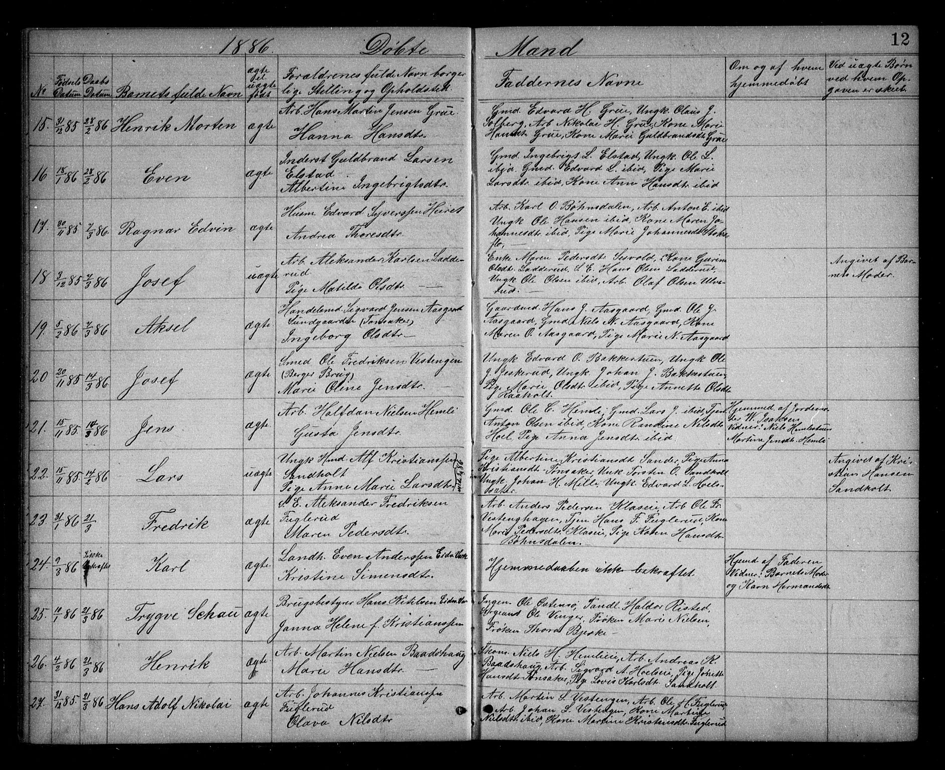 Eidsvoll prestekontor Kirkebøker, AV/SAO-A-10888/G/Ga/L0005: Klokkerbok nr. I 5, 1884-1894, s. 12