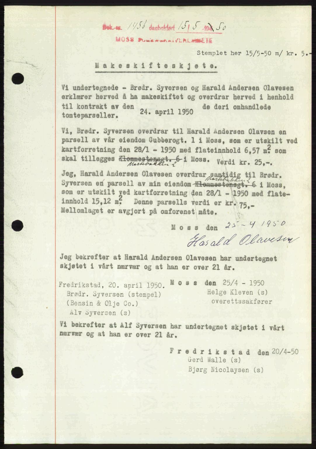 Moss sorenskriveri, SAO/A-10168: Pantebok nr. A26, 1950-1950, Dagboknr: 1456/1950