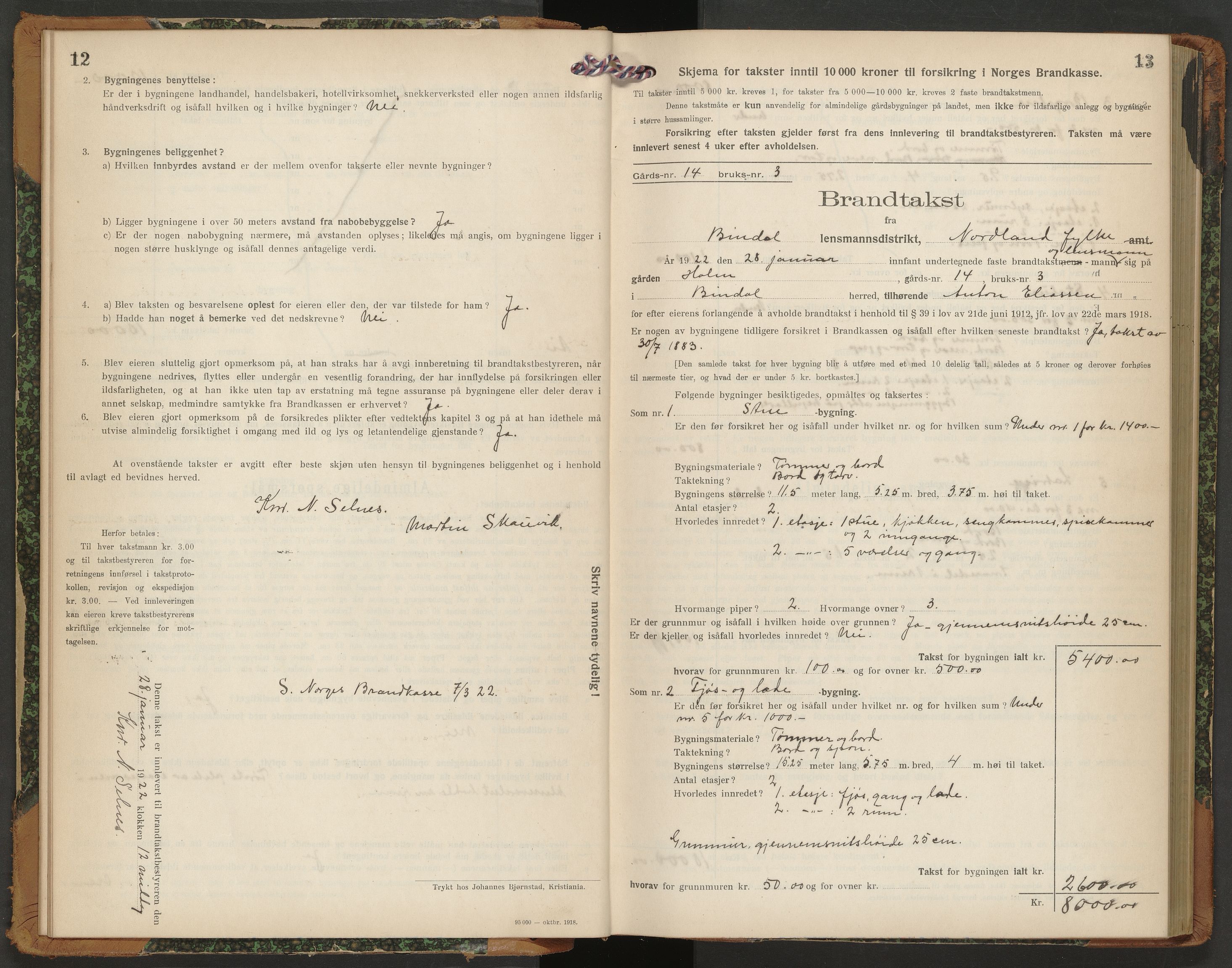 Norges Brannkasse Bindal, AV/SAT-A-5559/Fb/L0004: Branntakstprotokoll, 1922-1928