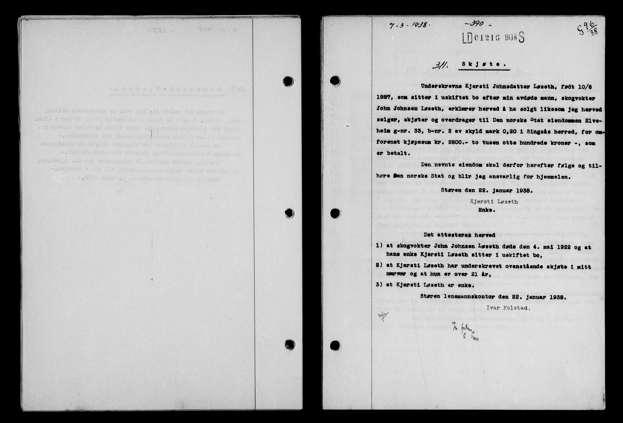 Gauldal sorenskriveri, SAT/A-0014/1/2/2C/L0048: Pantebok nr. 51-52, 1937-1938, s. 390, Dagboknr: 311/1938
