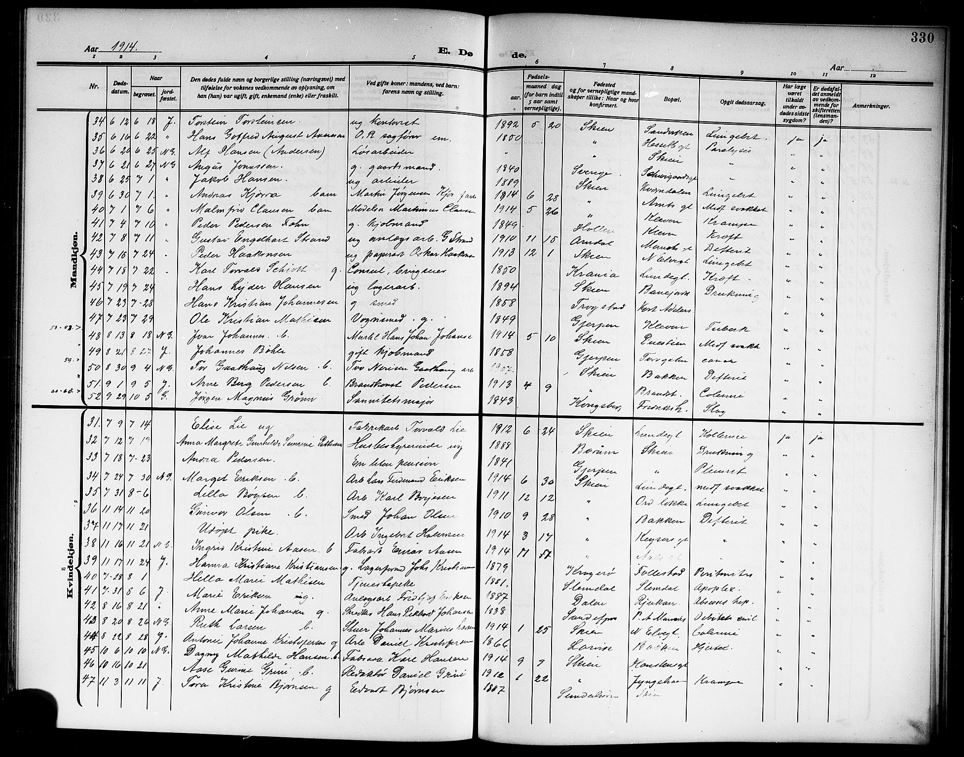 Skien kirkebøker, AV/SAKO-A-302/G/Ga/L0009: Klokkerbok nr. 9, 1910-1920, s. 330