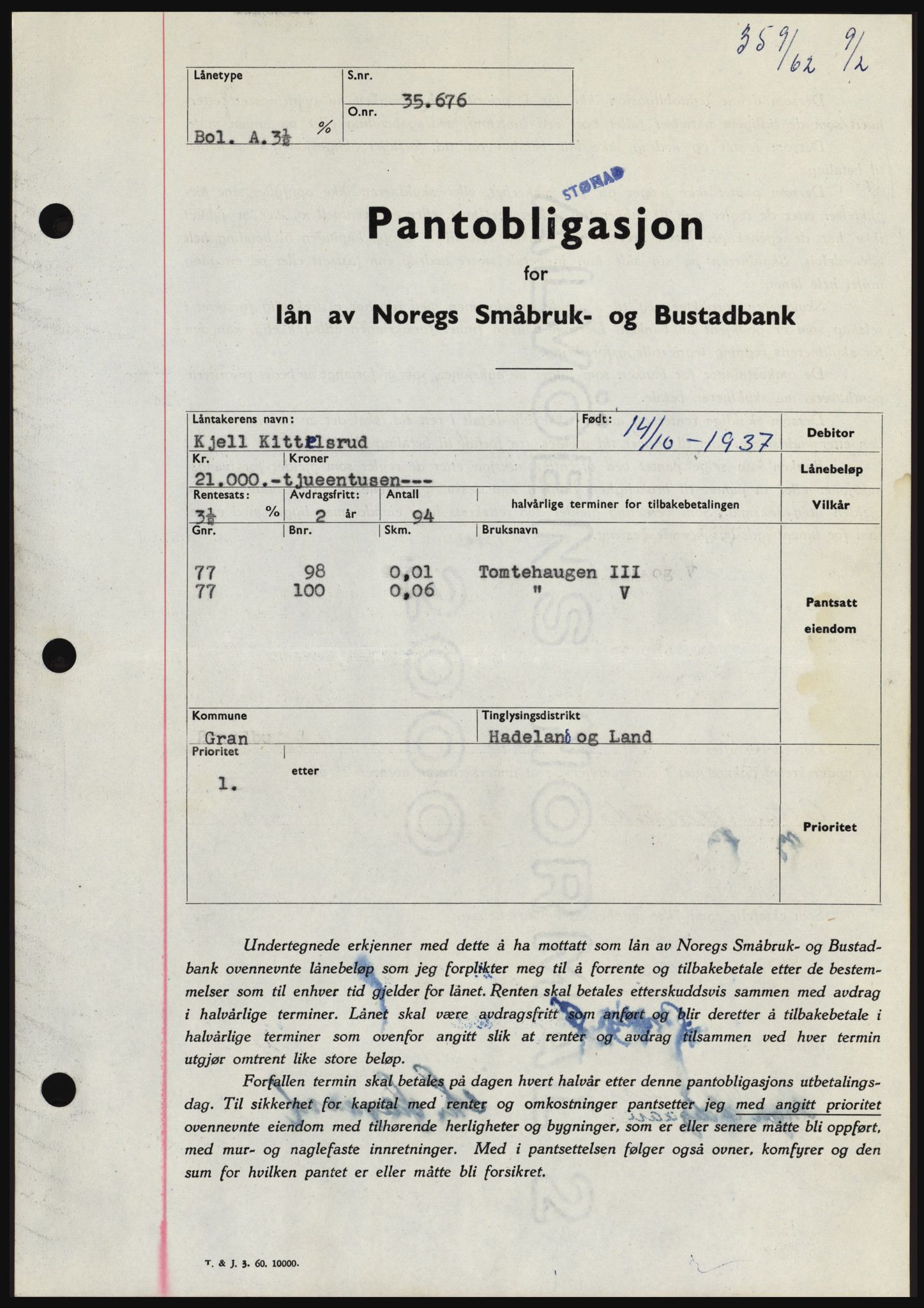 Hadeland og Land tingrett, SAH/TING-010/H/Hb/Hbc/L0047: Pantebok nr. B47, 1961-1962, Dagboknr: 359/1962