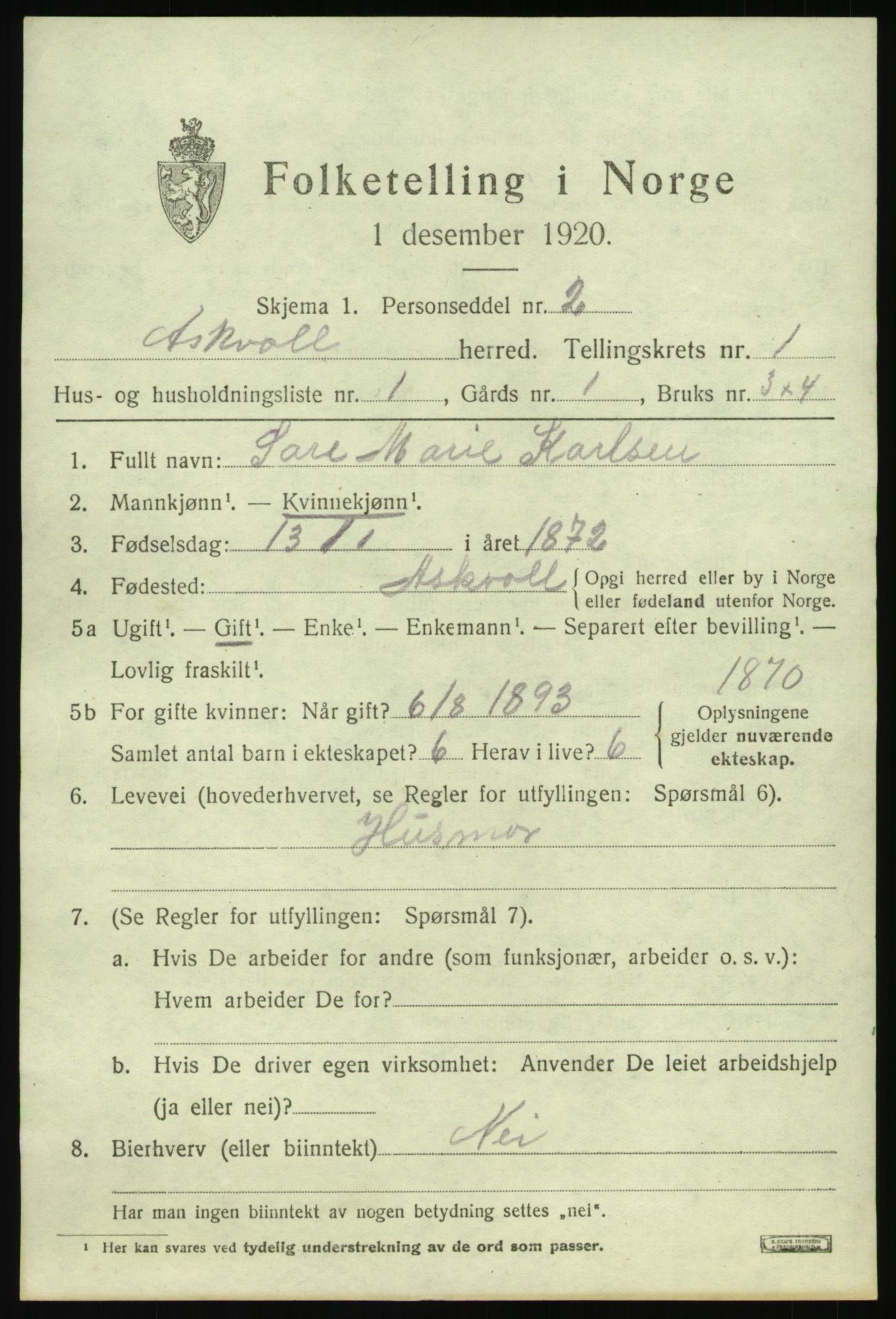 SAB, Folketelling 1920 for 1428 Askvoll herred, 1920, s. 1072