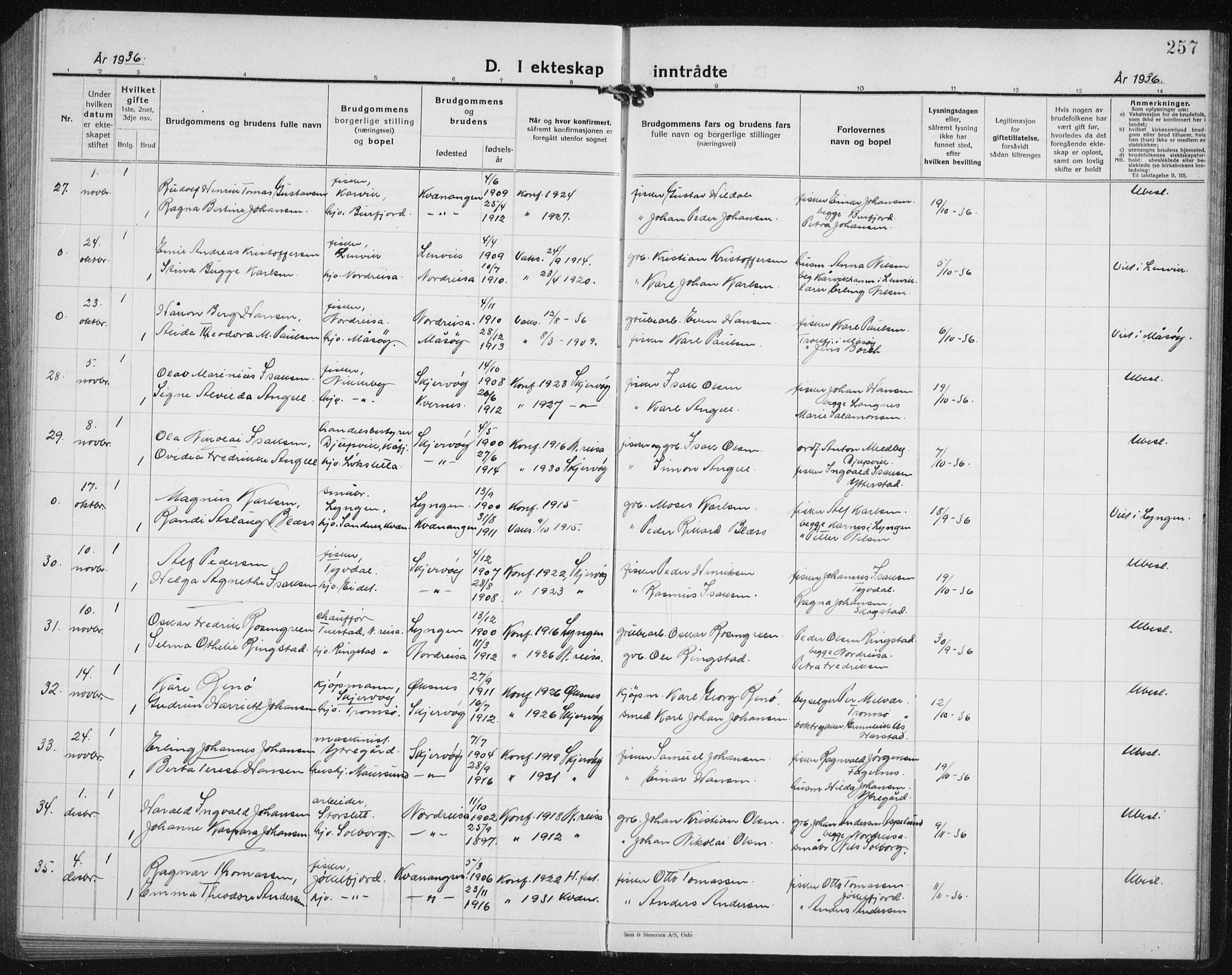 Skjervøy sokneprestkontor, AV/SATØ-S-1300/H/Ha/Hab/L0010klokker: Klokkerbok nr. 10, 1927-1941, s. 257