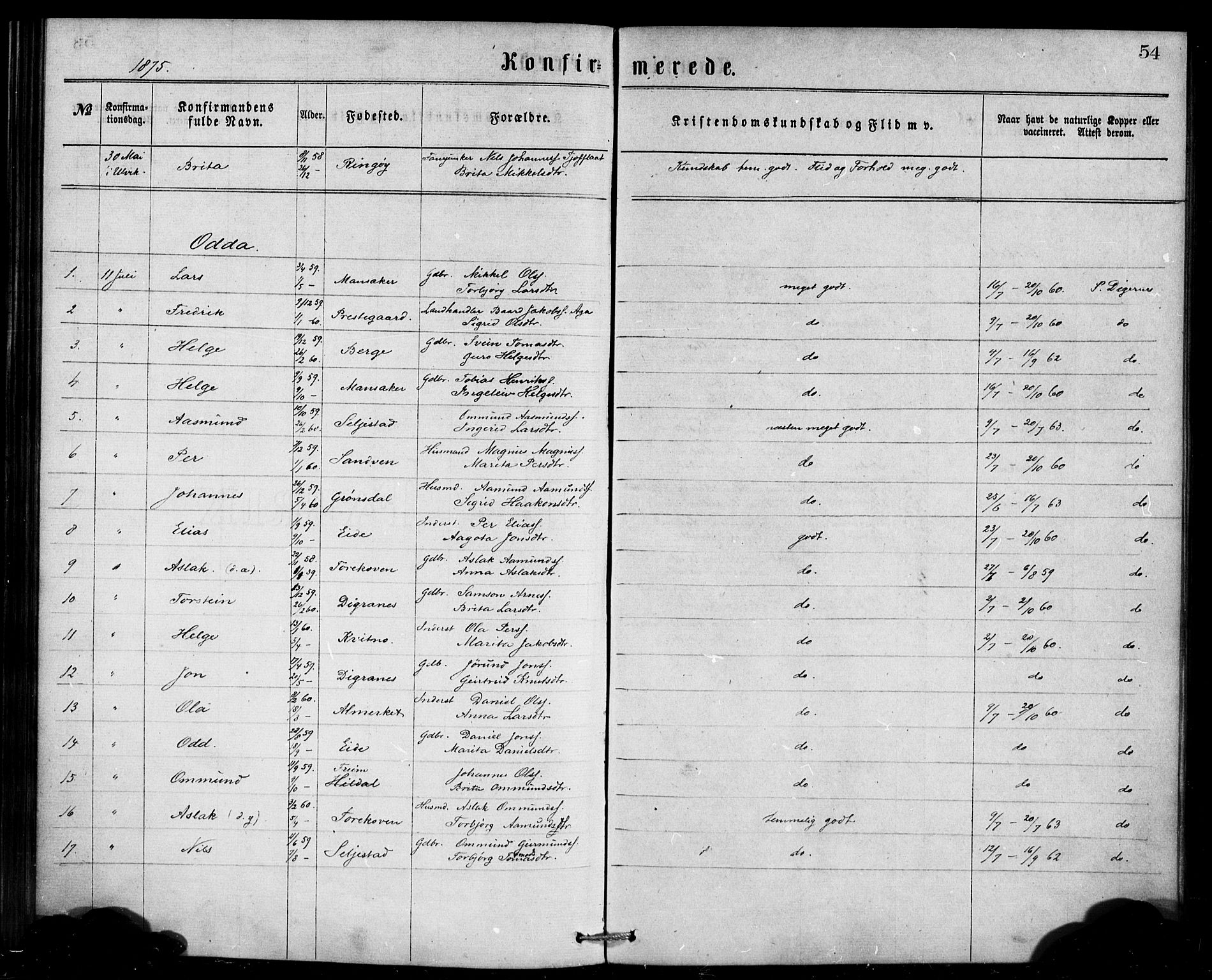 Ullensvang sokneprestembete, AV/SAB-A-78701/H/Haa: Ministerialbok nr. A 13, 1867-1879, s. 54