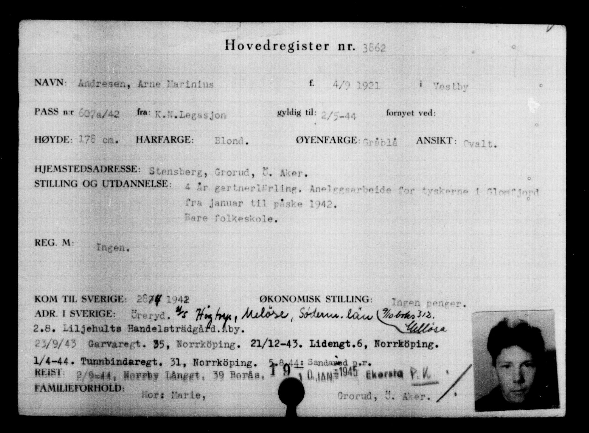 Utenriksstasjonene, Legasjonen i Stockholm, Flyktningkontoret, AV/RA-S-6753/V/Va/L0004: Kjesäterkartoteket, flyktninger med registreringsnr. 3496-6610, 1940-1945, s. 427