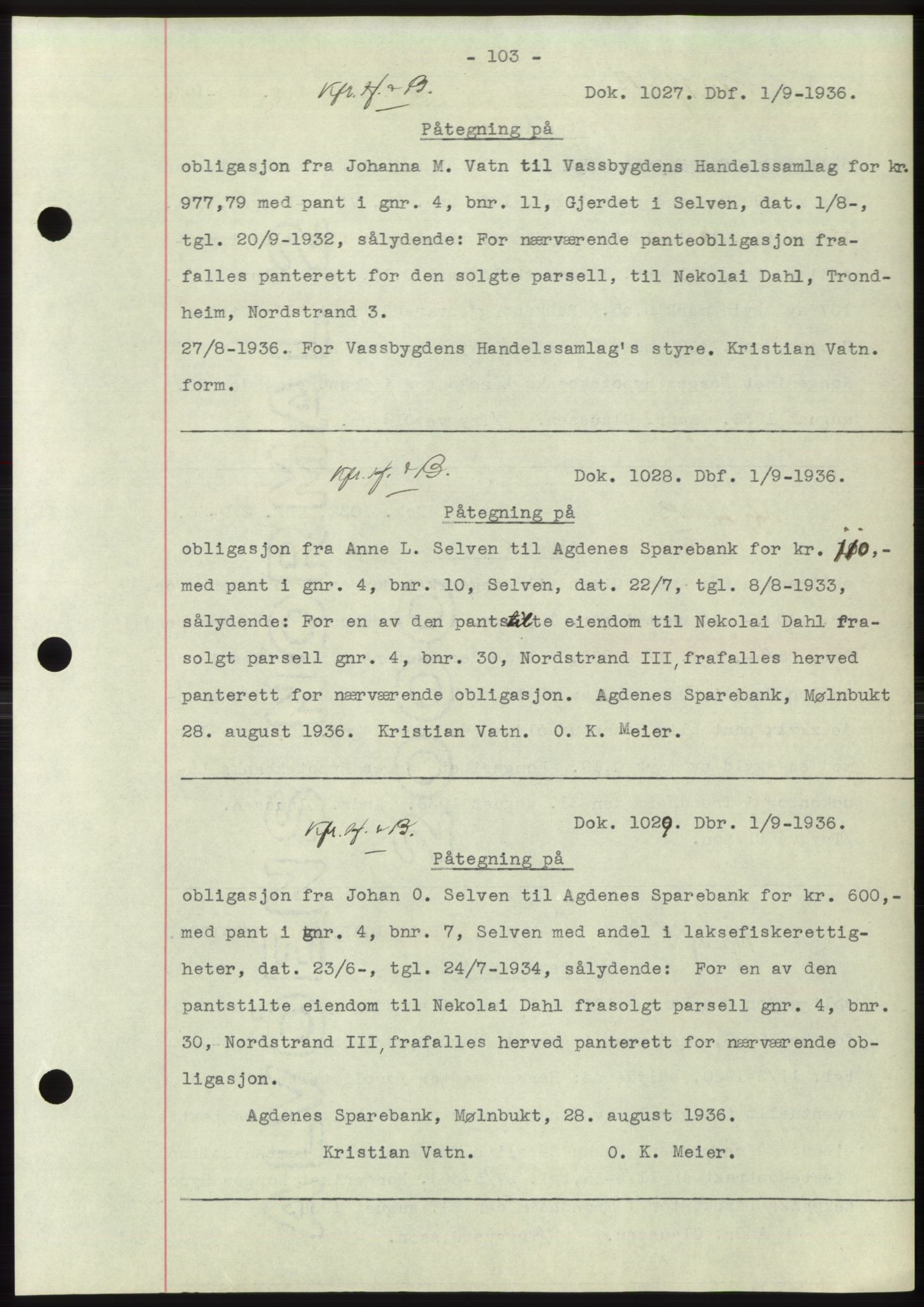Hitra sorenskriveri, AV/SAT-A-0018/2/2C/2Ca: Pantebok nr. C1, 1936-1945, Dagboknr: 1027/1936