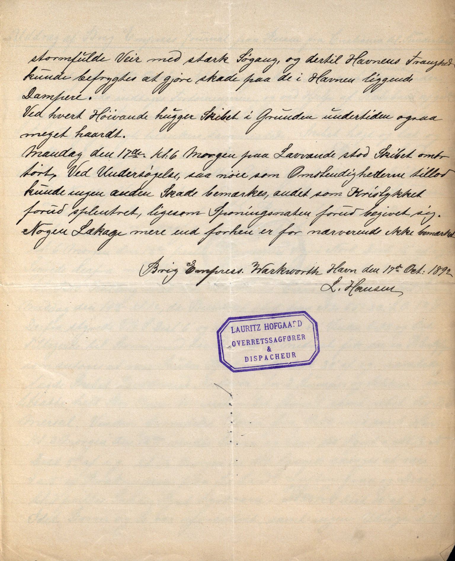 Pa 63 - Østlandske skibsassuranceforening, VEMU/A-1079/G/Ga/L0029/0005: Havaridokumenter / Empress, Else Kathrine, Elida, Vikingstad, Væni, 1892, s. 10