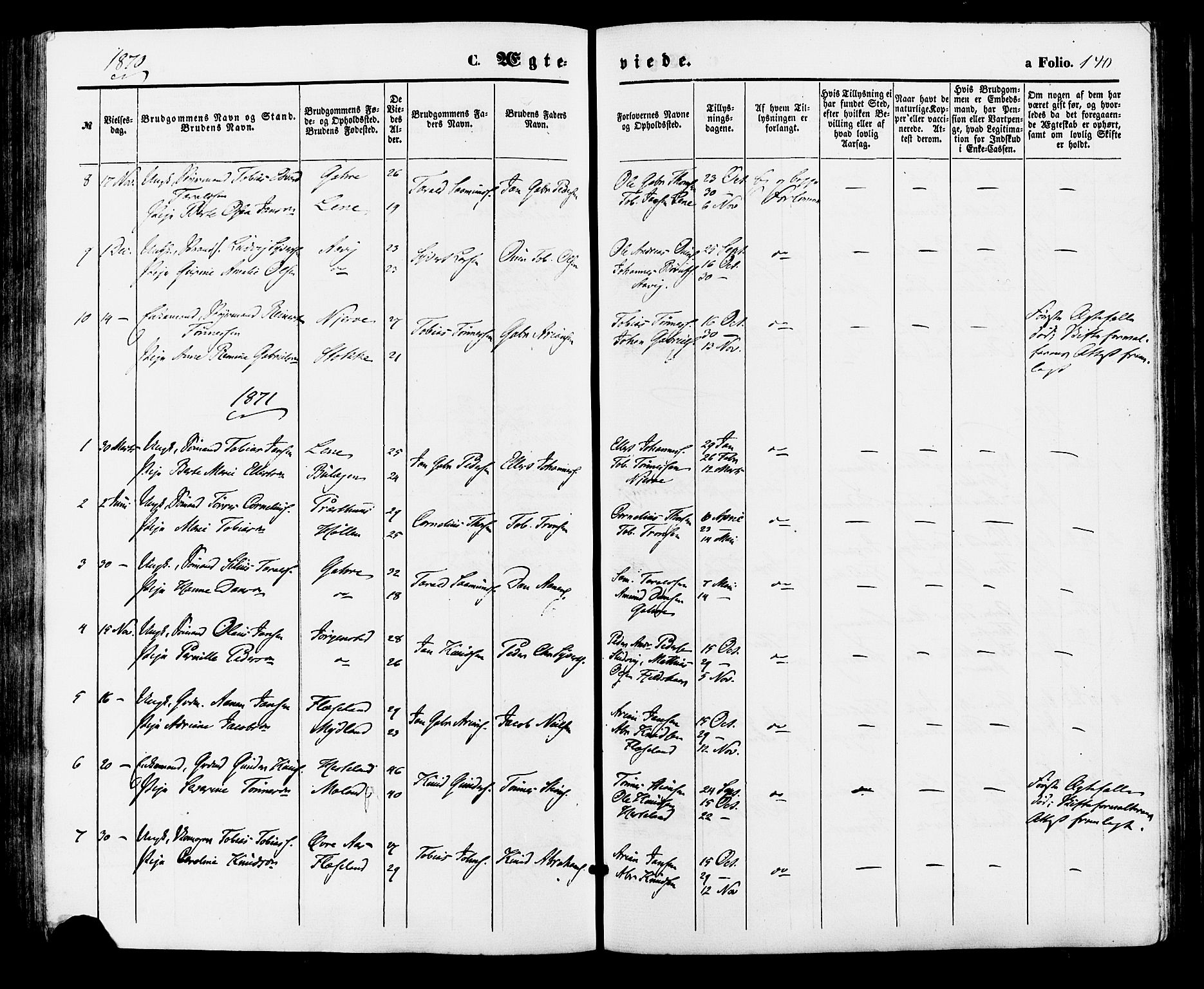 Sør-Audnedal sokneprestkontor, SAK/1111-0039/F/Fa/Faa/L0003: Ministerialbok nr. A 3, 1868-1883, s. 140