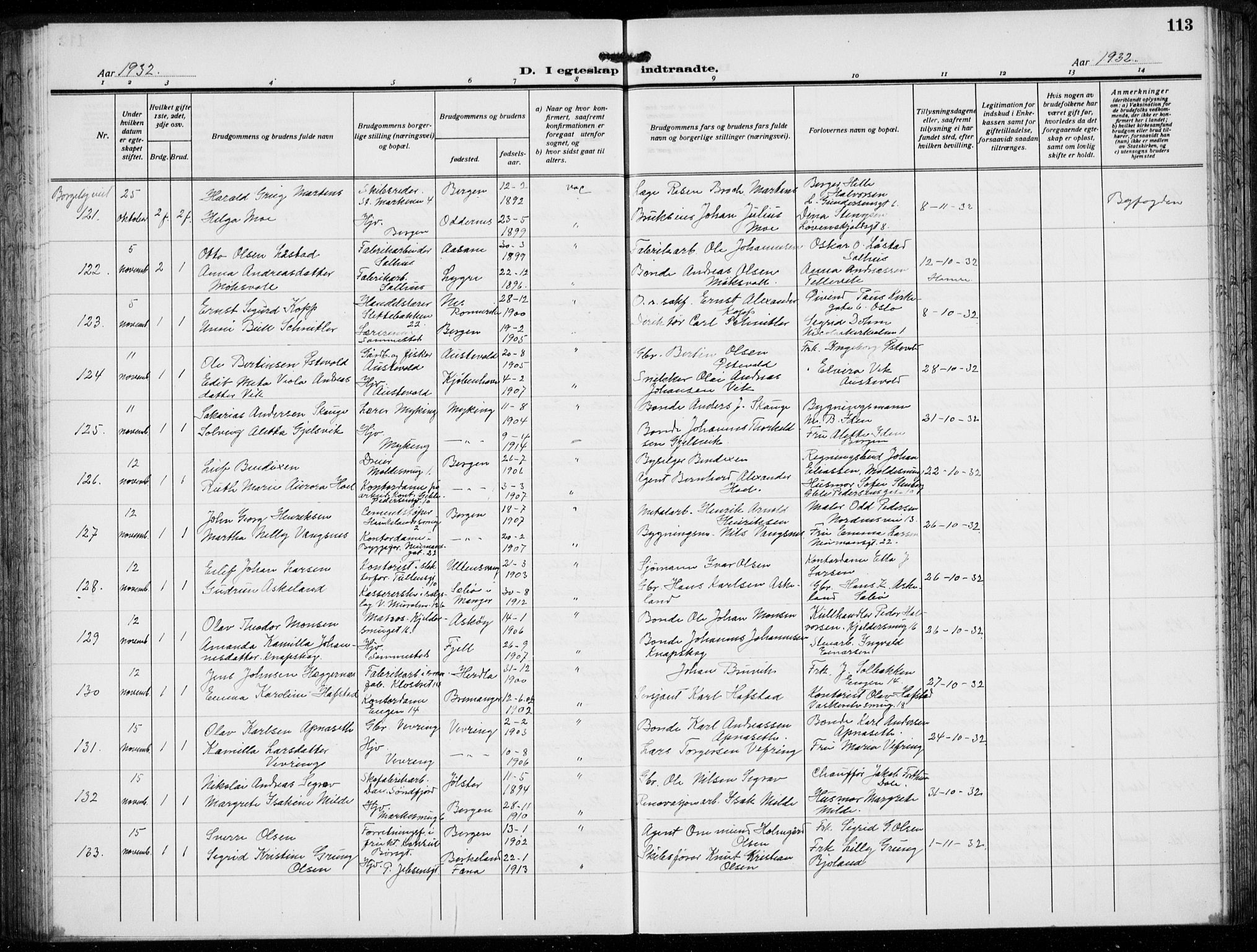 Domkirken sokneprestembete, AV/SAB-A-74801/H/Hab/L0034: Klokkerbok nr. D 6, 1924-1941, s. 113