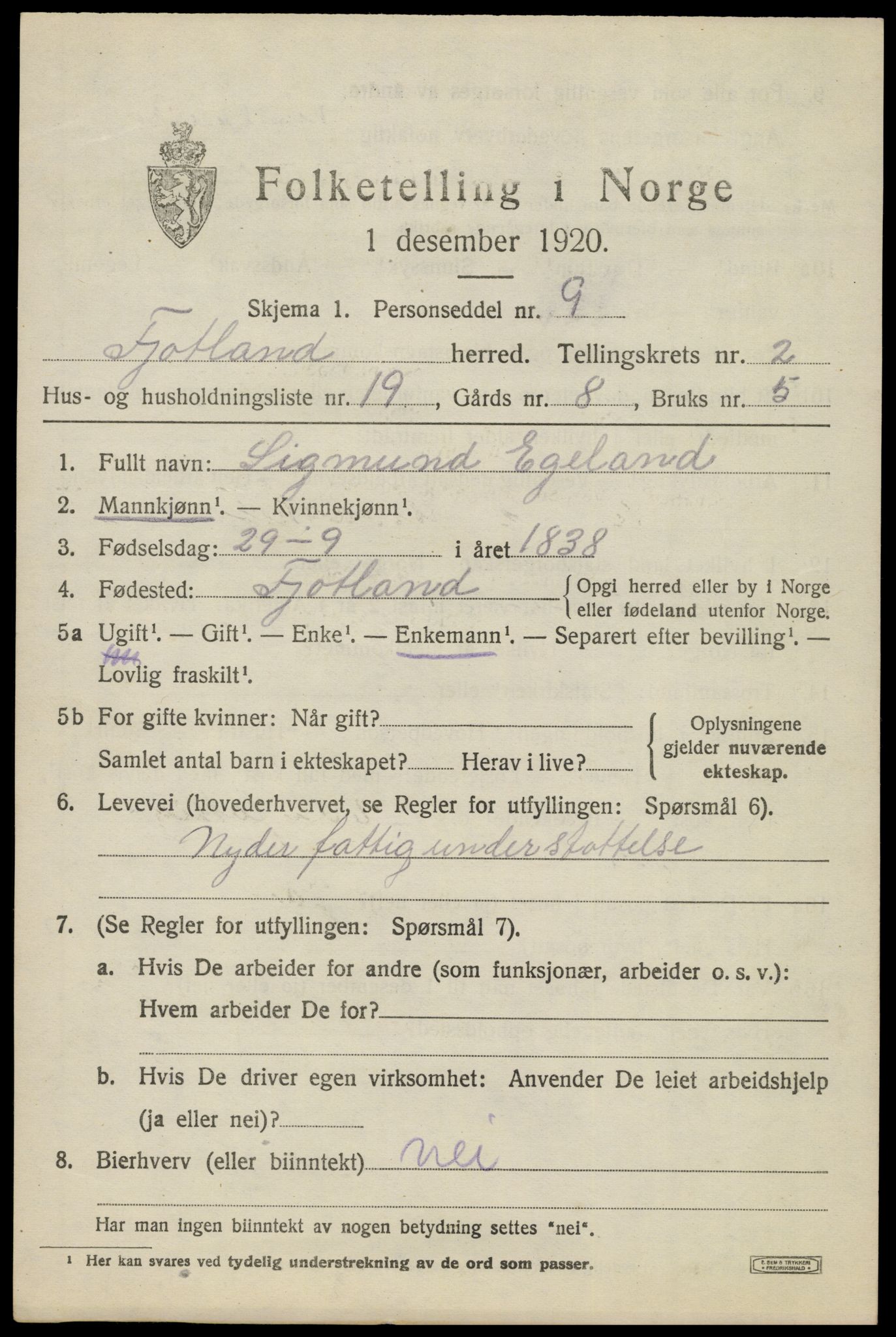SAK, Folketelling 1920 for 1036 Fjotland herred, 1920, s. 892