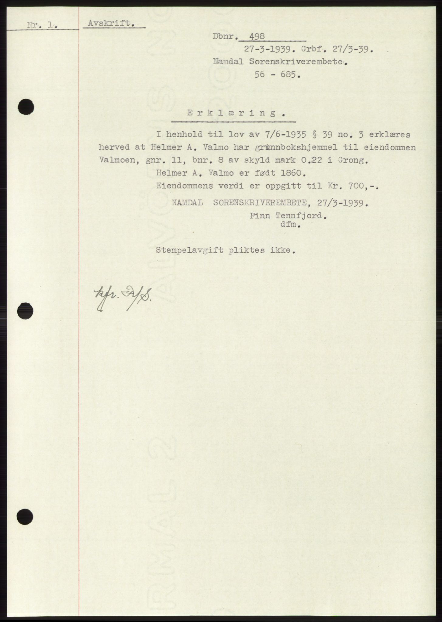 Namdal sorenskriveri, SAT/A-4133/1/2/2C: Pantebok nr. -, 1937-1939, Tingl.dato: 27.03.1939