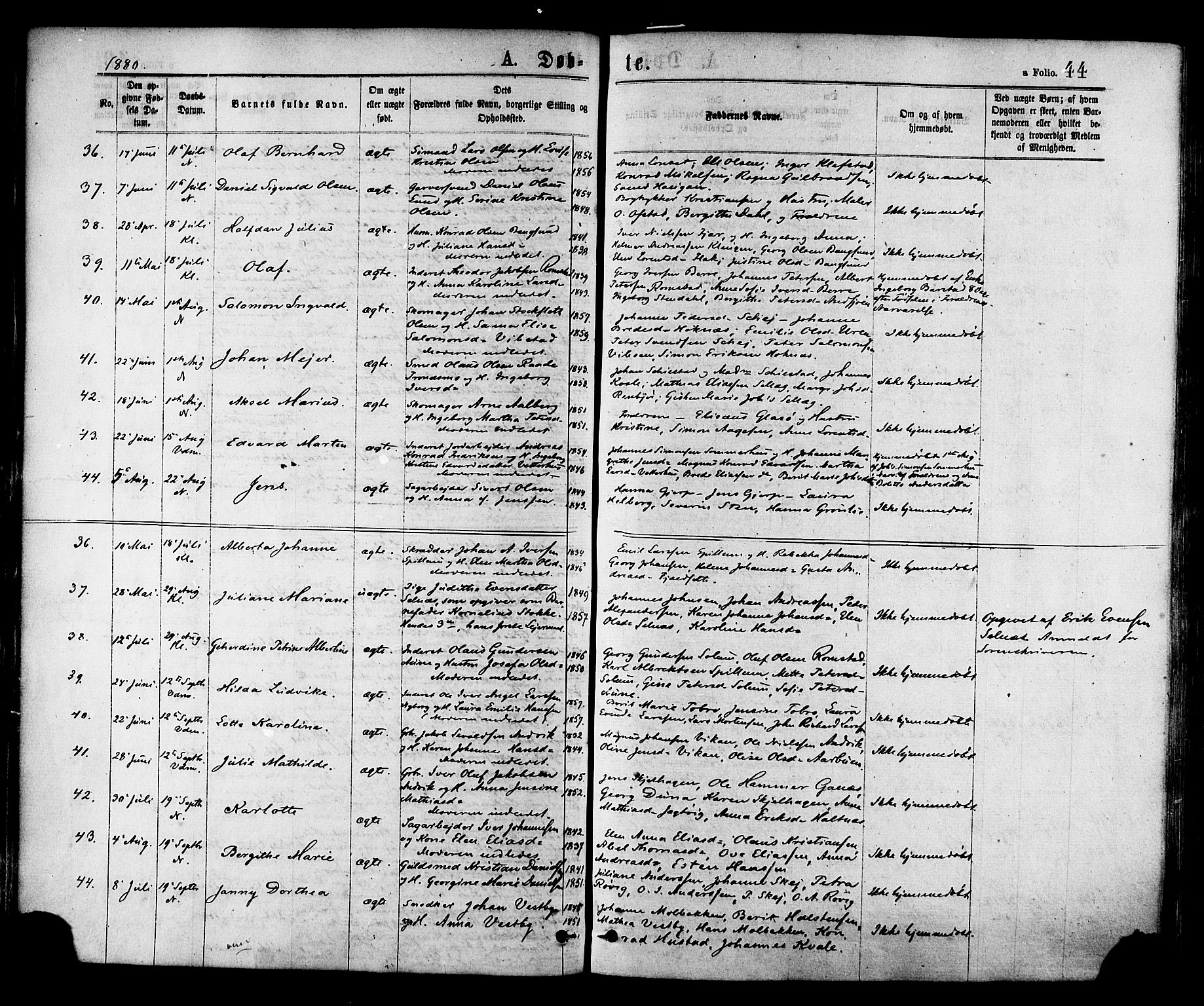 Ministerialprotokoller, klokkerbøker og fødselsregistre - Nord-Trøndelag, AV/SAT-A-1458/768/L0572: Ministerialbok nr. 768A07, 1874-1886, s. 44