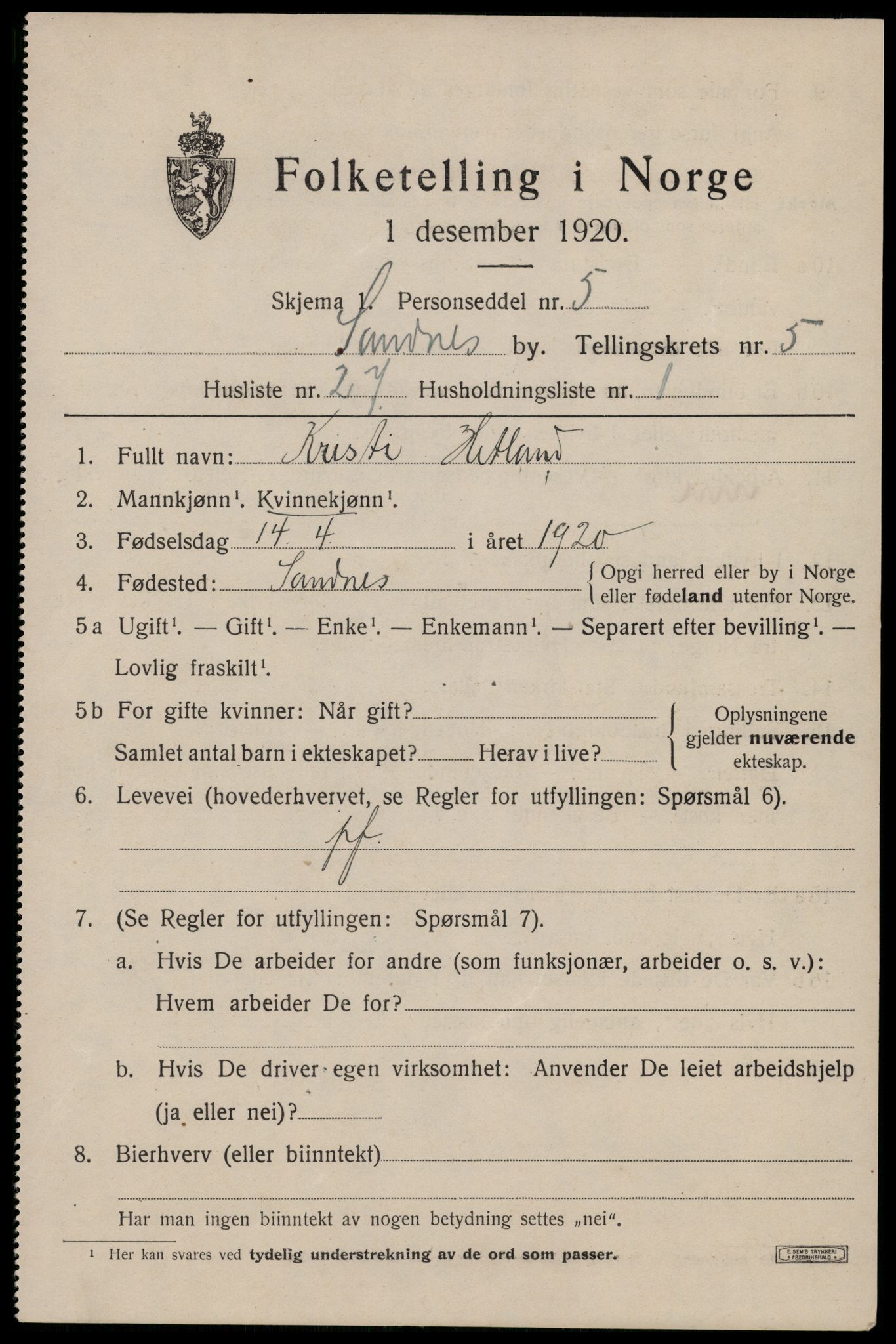 SAST, Folketelling 1920 for 1102 Sandnes ladested, 1920, s. 4986