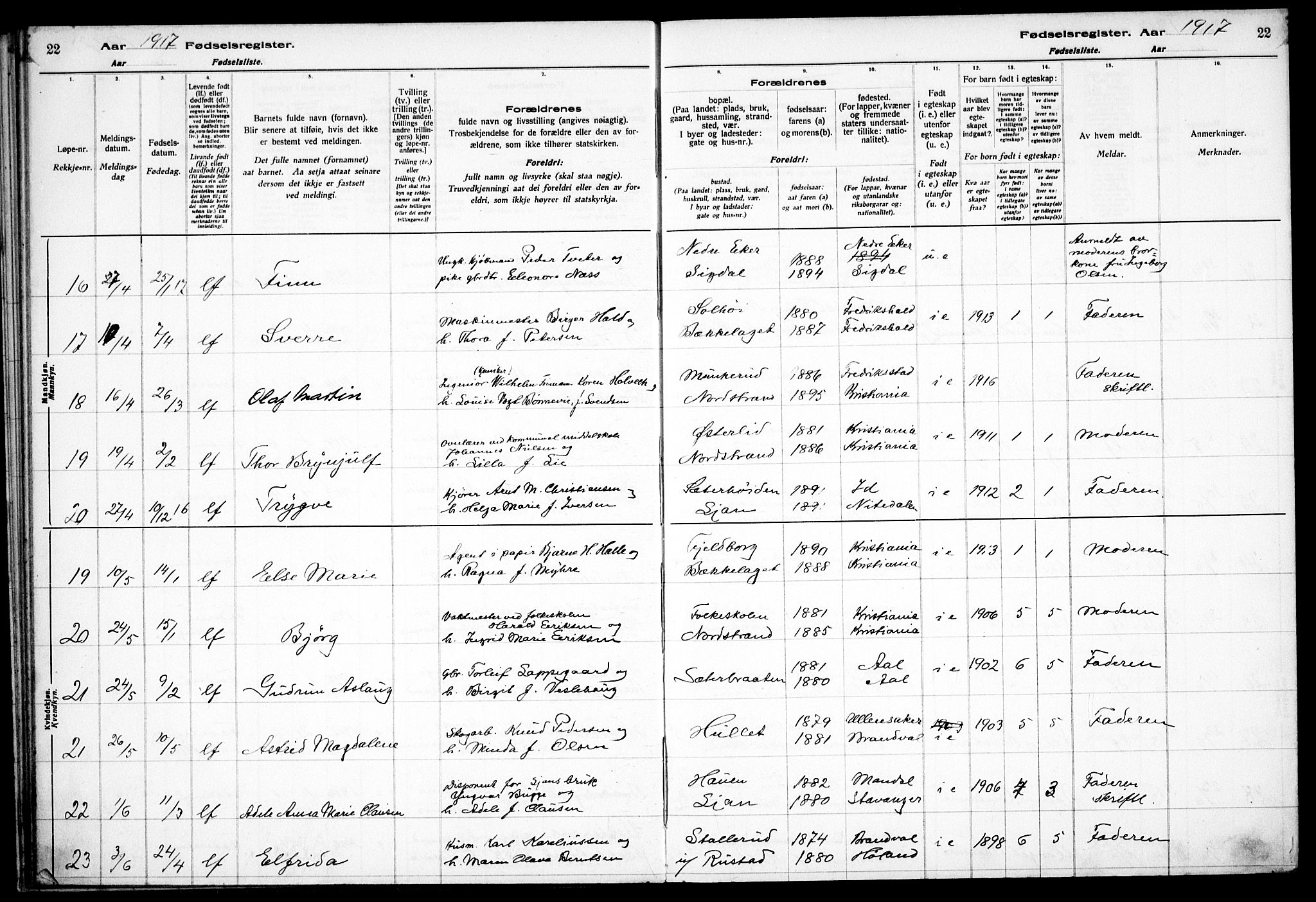 Nordstrand prestekontor Kirkebøker, AV/SAO-A-10362a/J/Ja/L0001: Fødselsregister nr. I 1, 1916-1924, s. 22