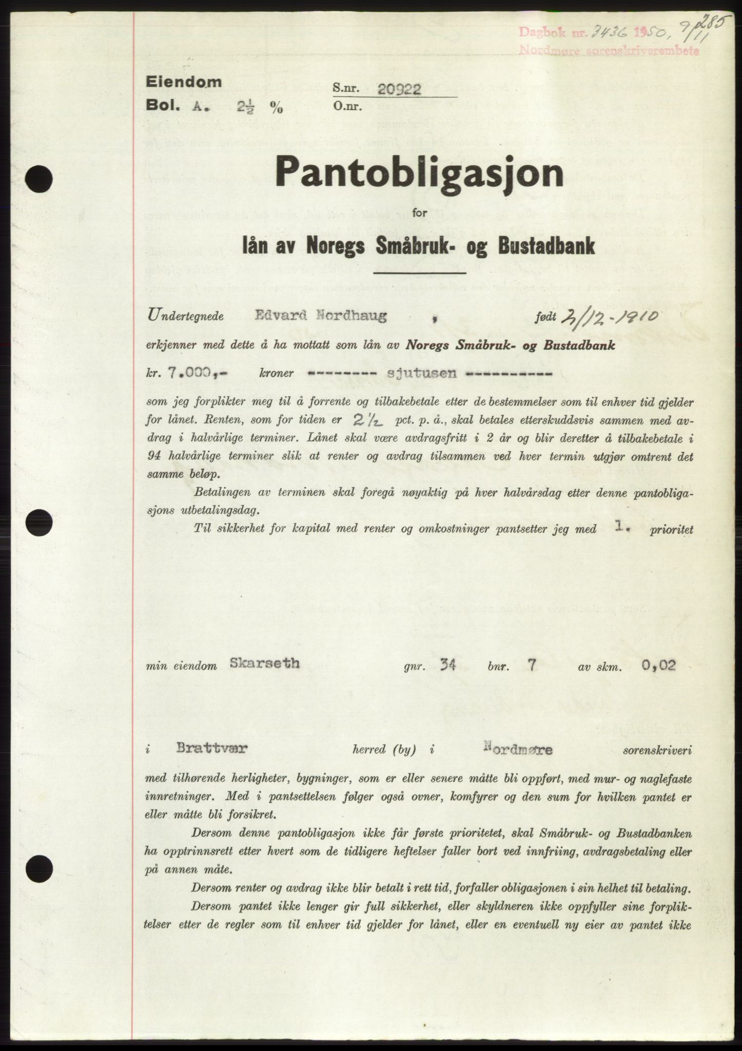 Nordmøre sorenskriveri, SAT/A-4132/1/2/2Ca: Pantebok nr. B106, 1950-1950, Dagboknr: 3436/1950