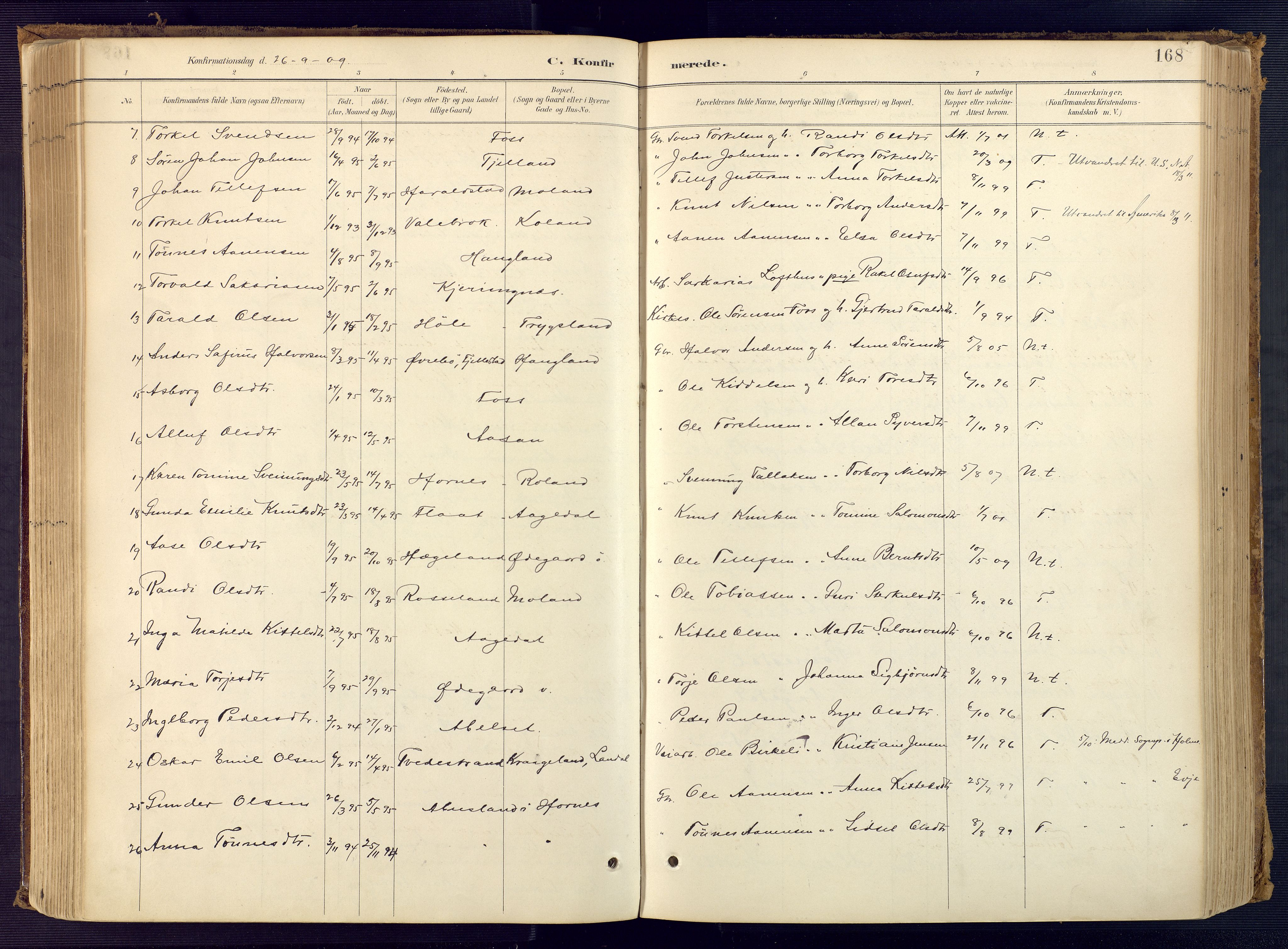 Bjelland sokneprestkontor, SAK/1111-0005/F/Fa/Faa/L0004: Ministerialbok nr. A 4, 1887-1923, s. 168