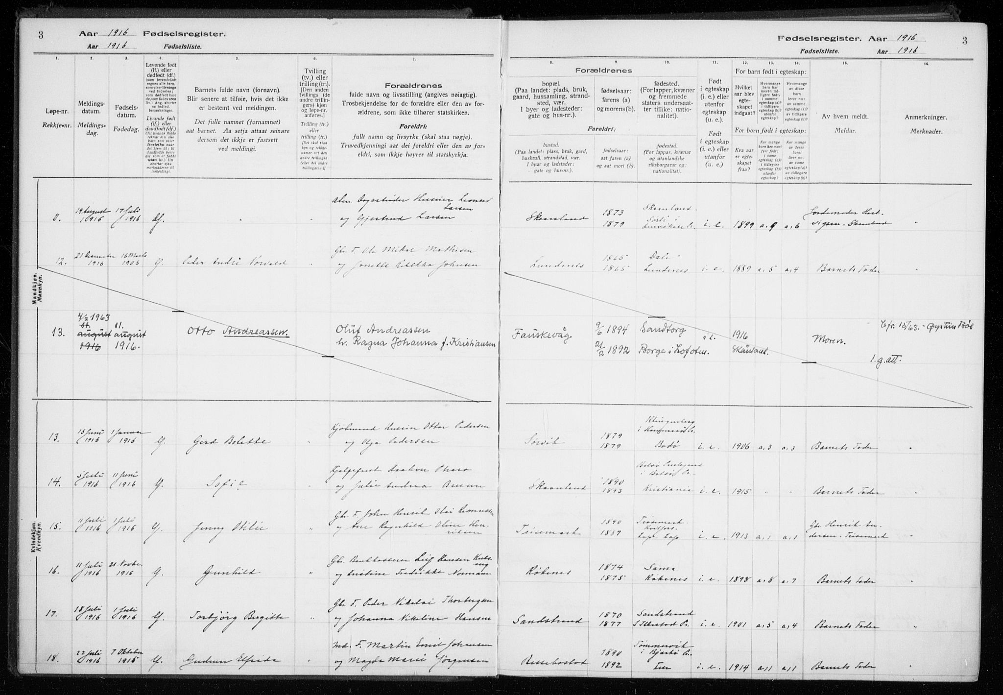 Trondenes sokneprestkontor, AV/SATØ-S-1319/I/Ia/L0089: Fødselsregister nr. 89, 1916-1925, s. 3