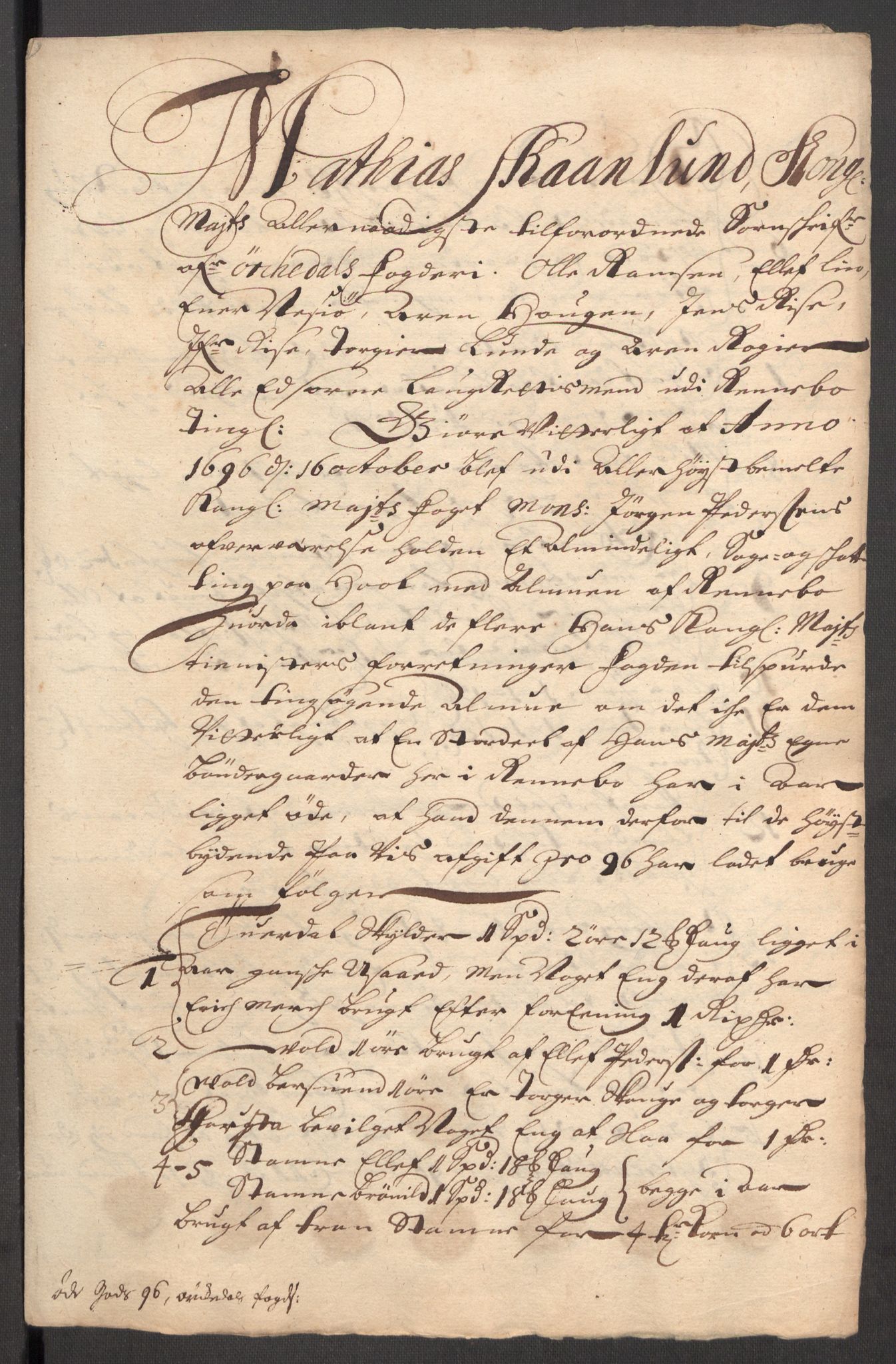 Rentekammeret inntil 1814, Reviderte regnskaper, Fogderegnskap, AV/RA-EA-4092/R60/L3946: Fogderegnskap Orkdal og Gauldal, 1696, s. 226