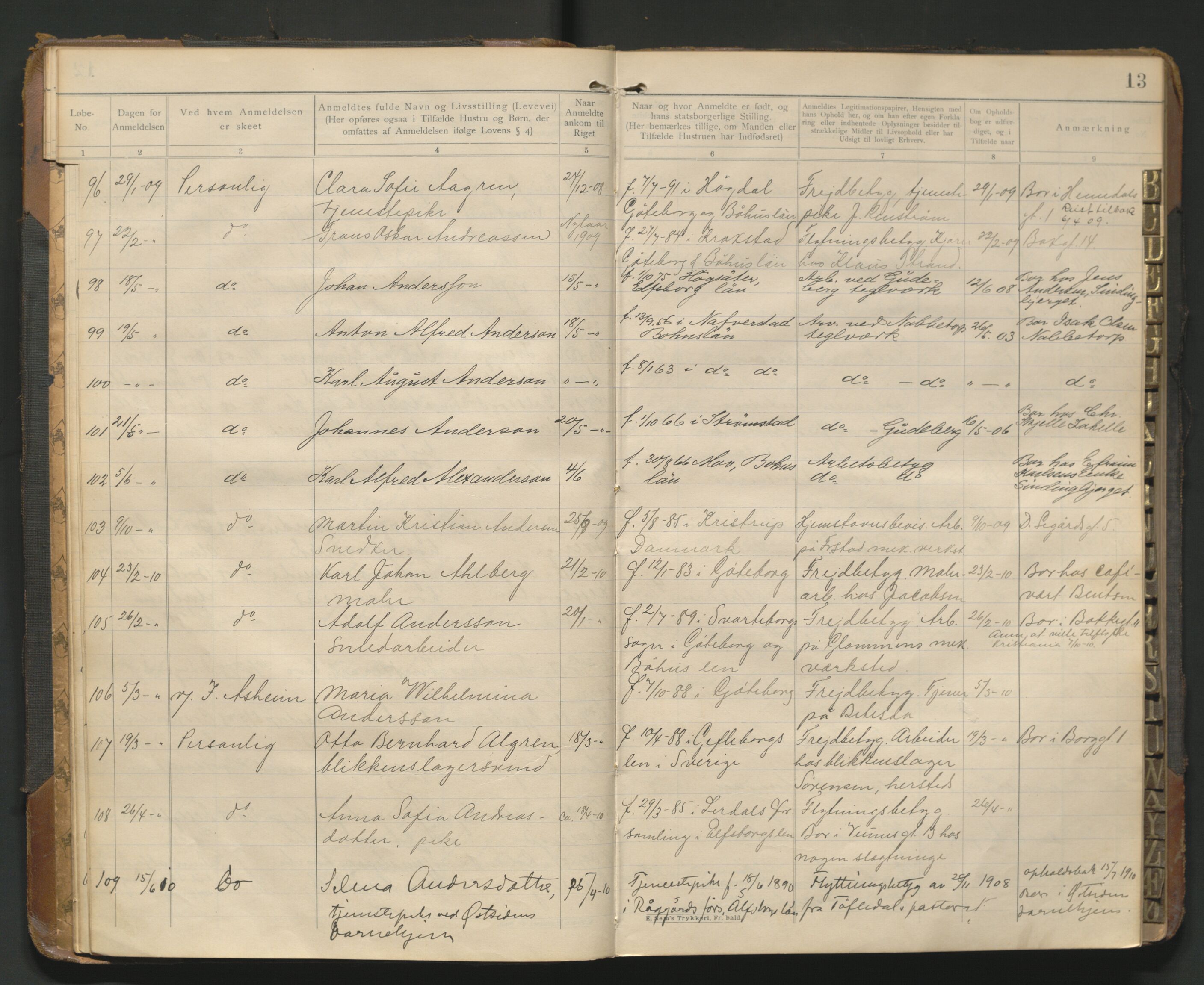 Fredrikstad politikammer, AV/SAO-A-10055/H/Hb/Hba/L0001: Protokoll over fremmede statsborgere, 1901-1916, s. 12b-13a