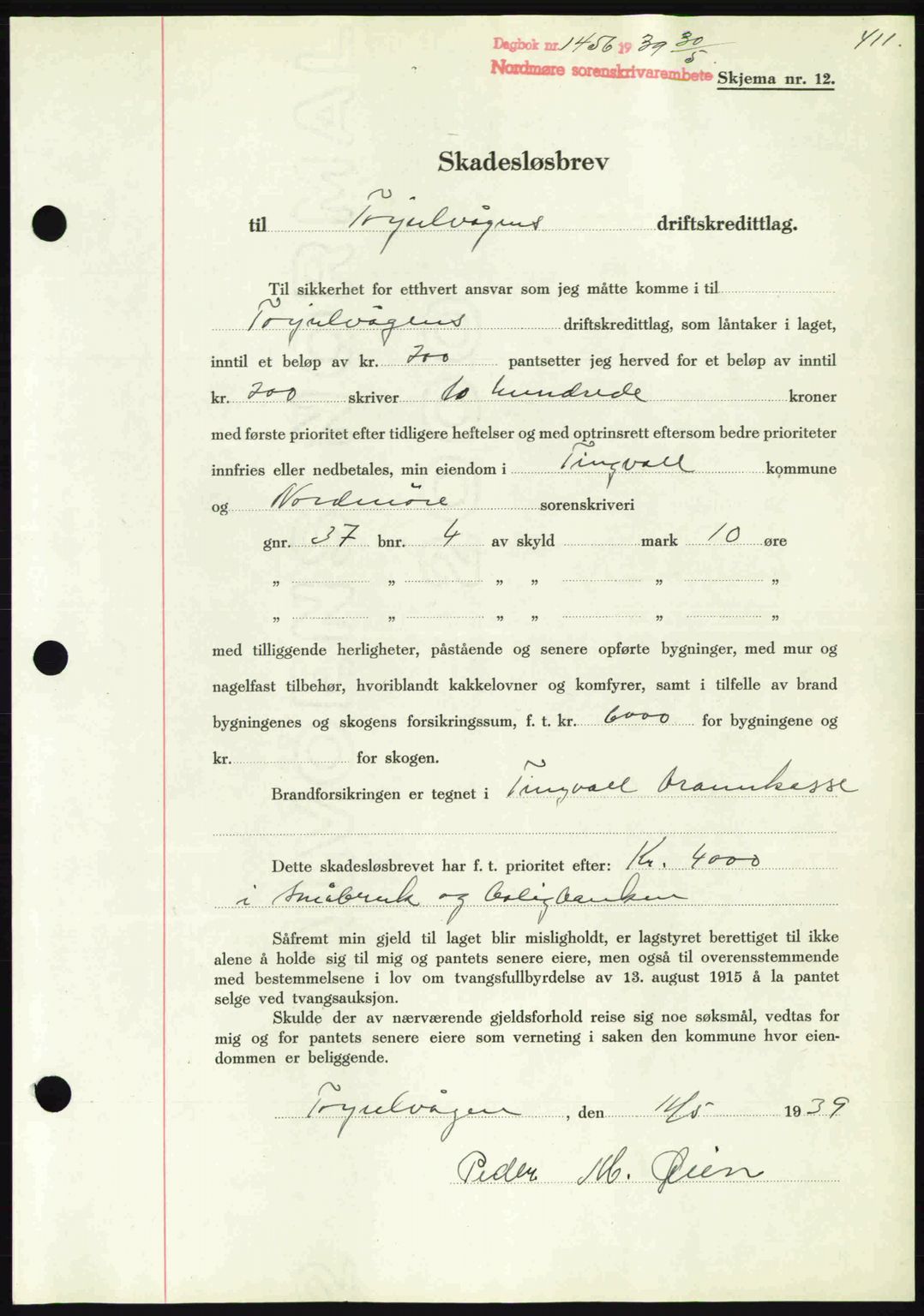 Nordmøre sorenskriveri, AV/SAT-A-4132/1/2/2Ca: Pantebok nr. B85, 1939-1939, Dagboknr: 1456/1939