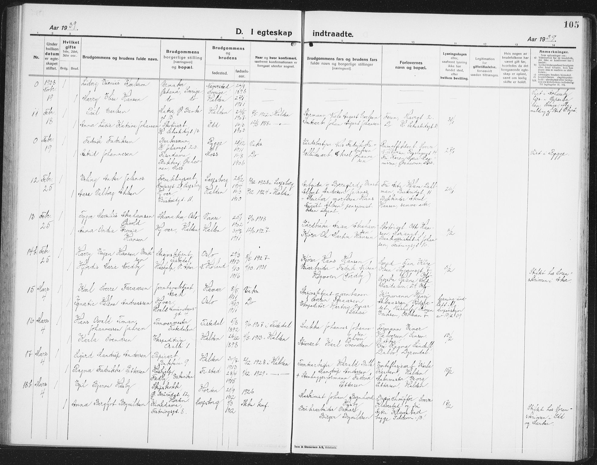 Halden prestekontor Kirkebøker, AV/SAO-A-10909/G/Ga/L0014: Klokkerbok nr. 14, 1925-1943, s. 105