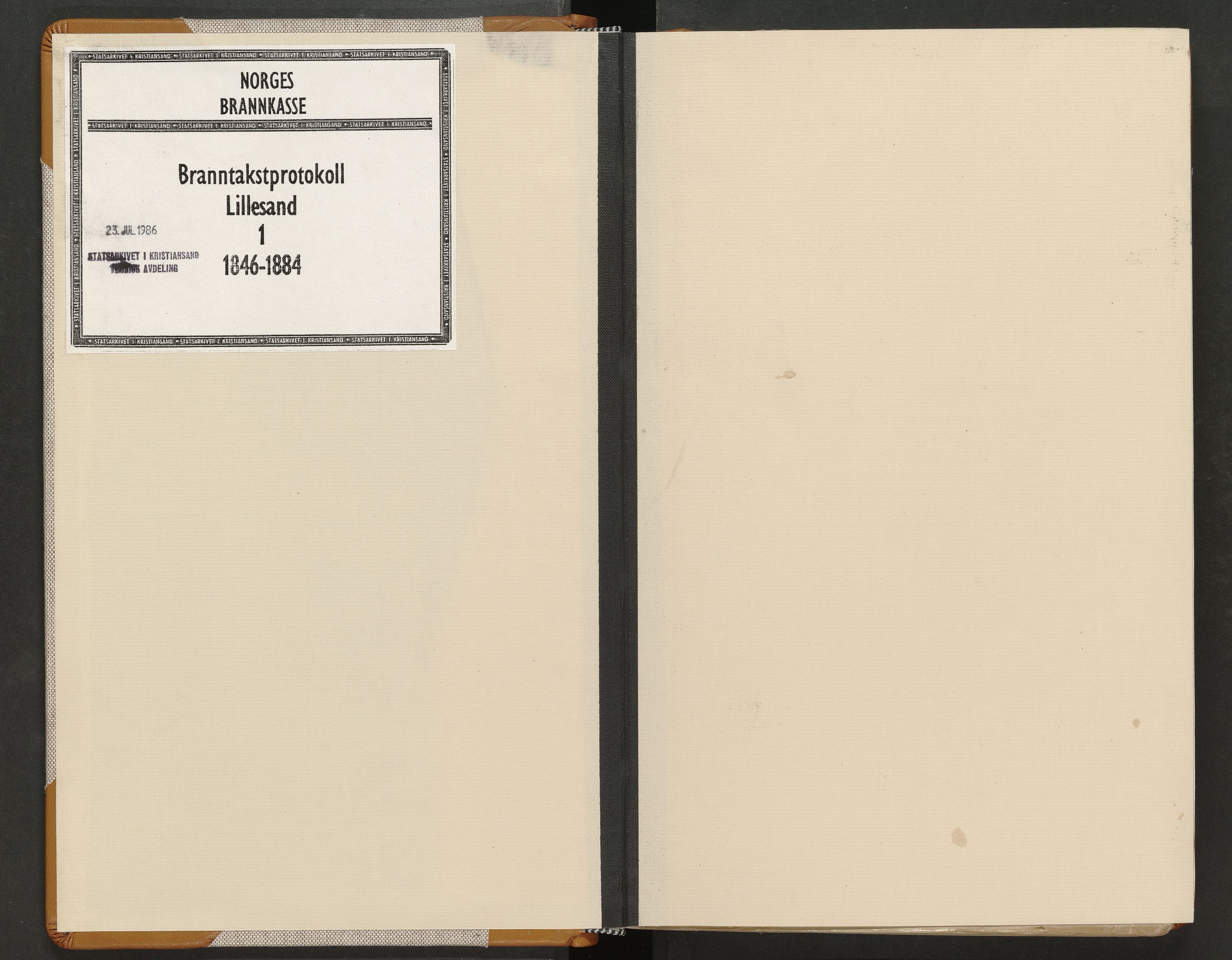 Norges Brannkasse Lillesand, AV/SAK-2241-0033/F/Fa/L0001: Branntakstprotokoll nr. 1 med register på matr.nr./løpenr., 1846-1884