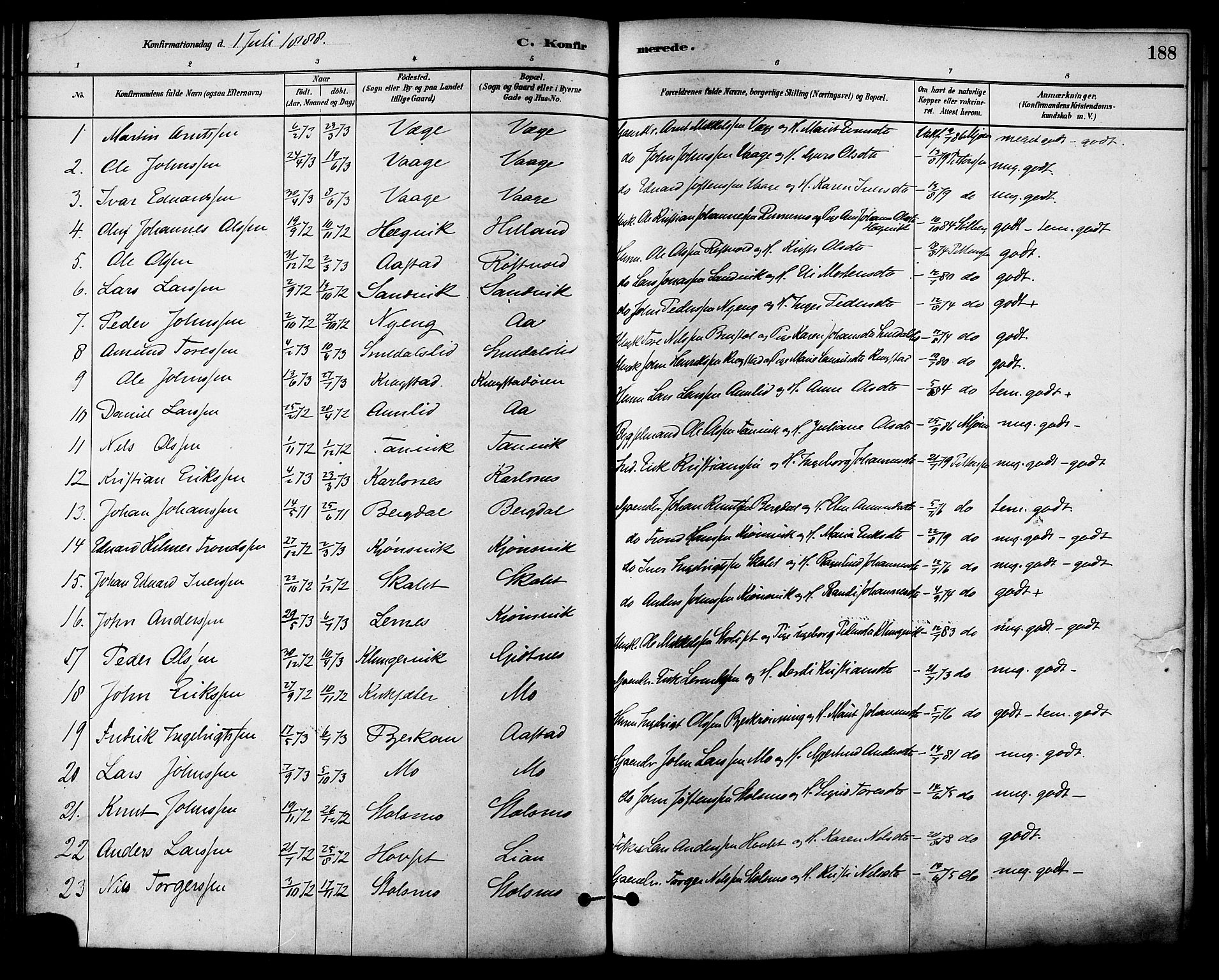 Ministerialprotokoller, klokkerbøker og fødselsregistre - Sør-Trøndelag, AV/SAT-A-1456/630/L0496: Ministerialbok nr. 630A09, 1879-1895, s. 188