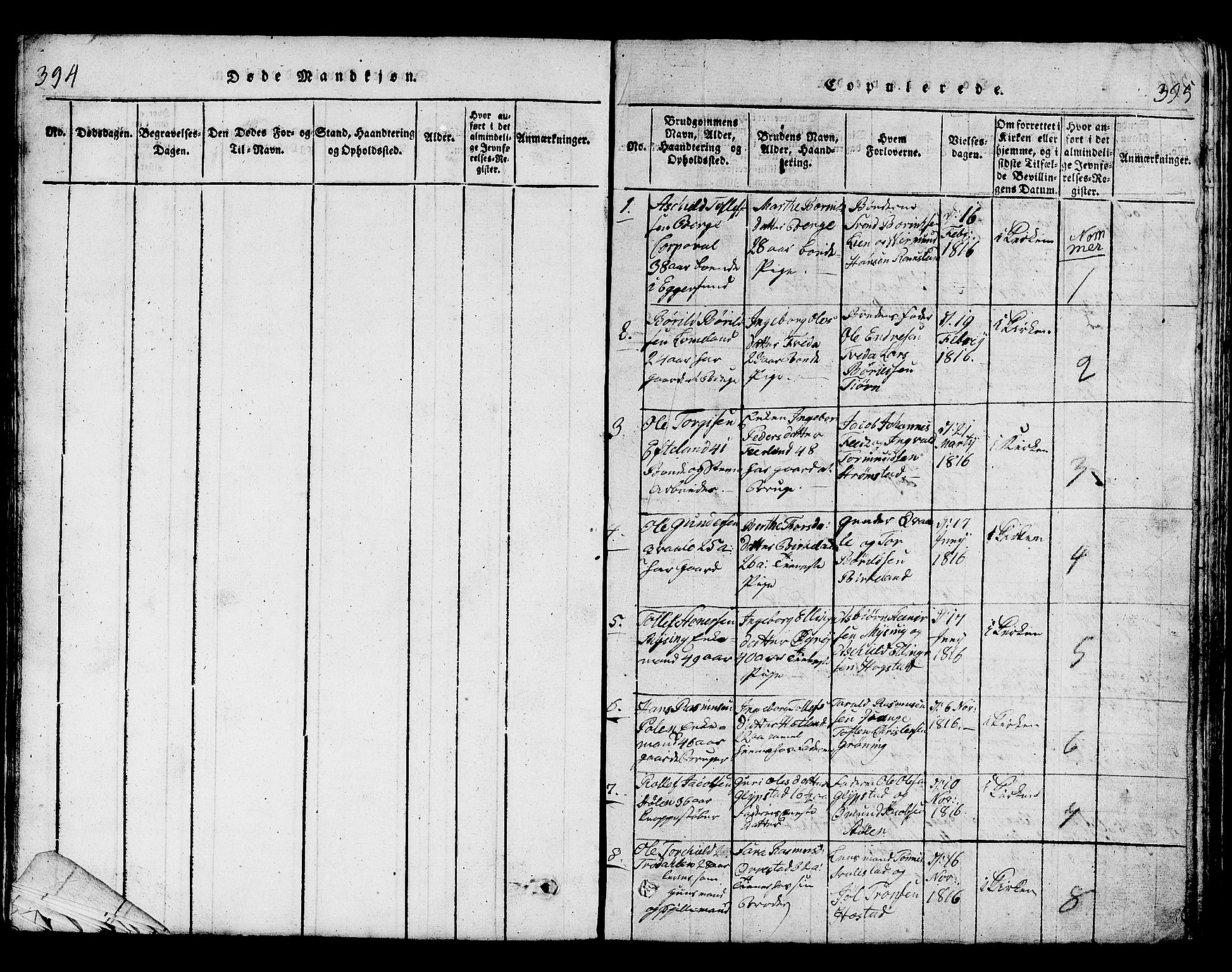 Helleland sokneprestkontor, SAST/A-101810: Klokkerbok nr. B 1, 1815-1841, s. 394-395