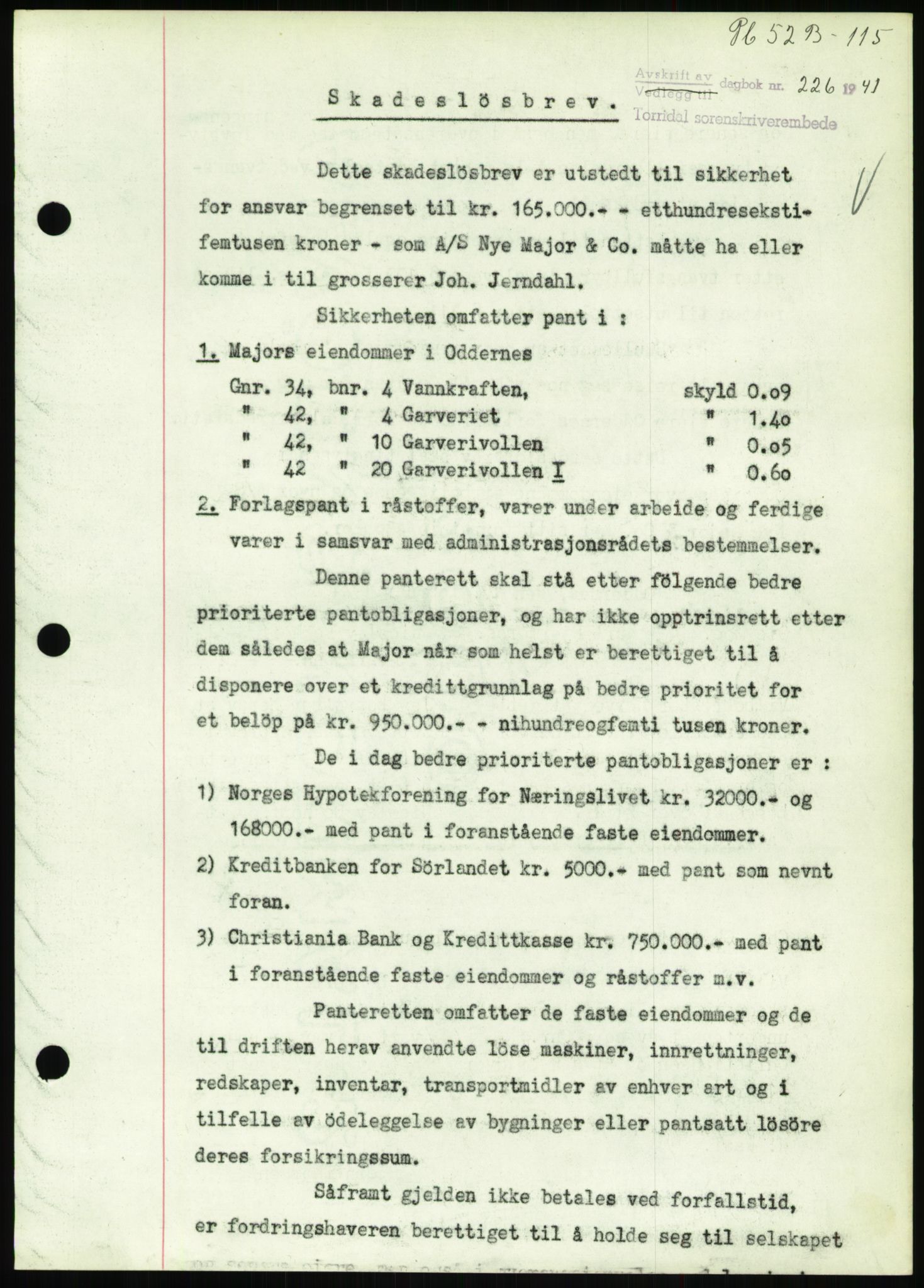 Torridal sorenskriveri, SAK/1221-0012/G/Gb/Gbb/L0008: Pantebok nr. 52b, 1940-1942, Dagboknr: 226/1941