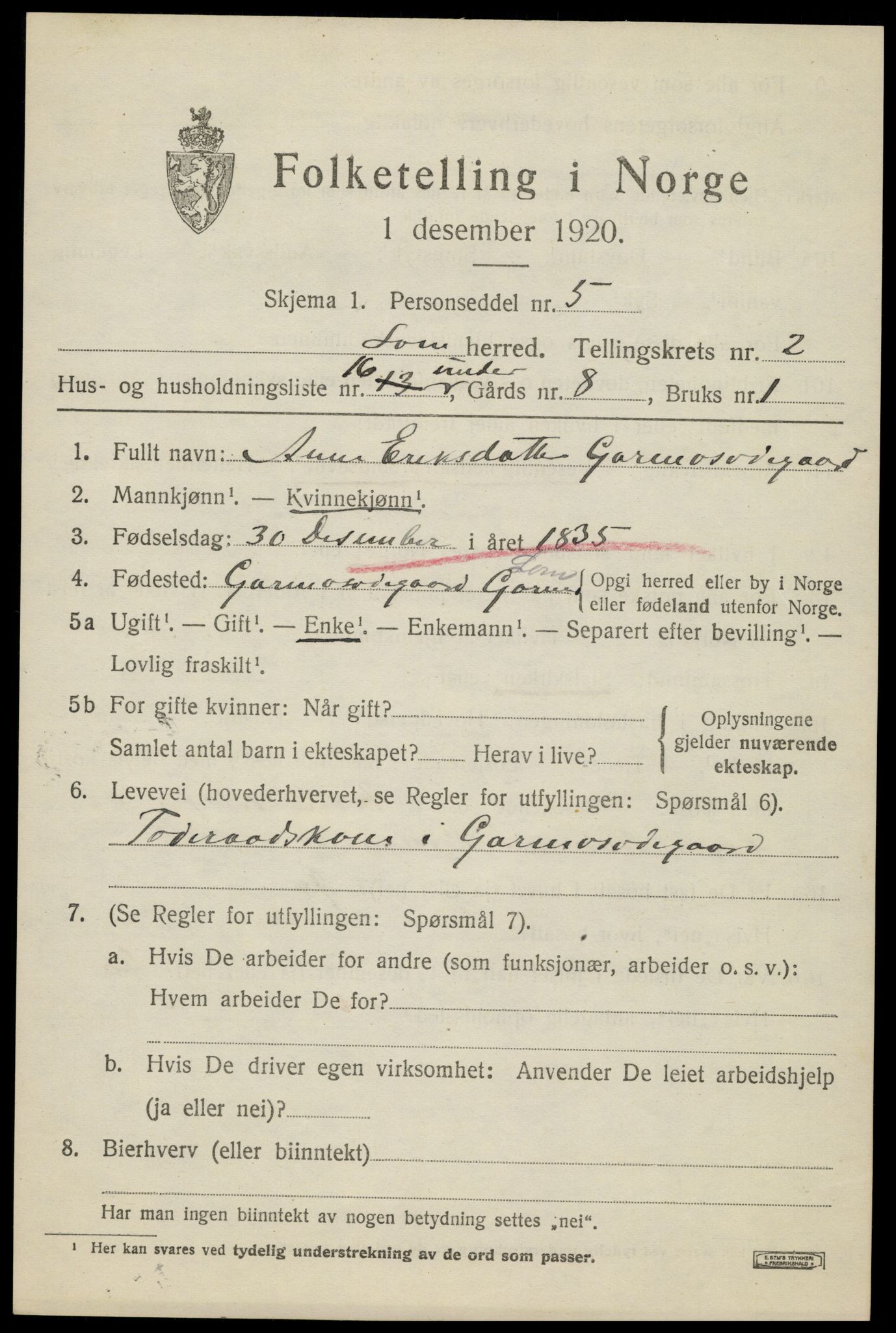 SAH, Folketelling 1920 for 0514 Lom herred, 1920, s. 1942